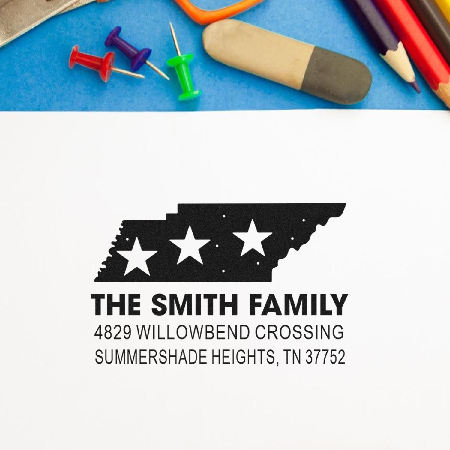 Personalized return address rubber stamp with Tennessee state design for The Smith Family, Summershade Heights, TN.
