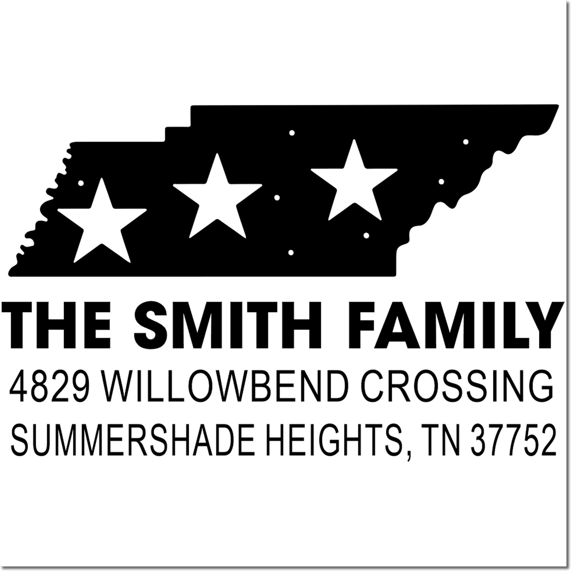 Tennessee family return address rubber stamp with state outline, stars, and The Smith Family, 4829 Willowbend Crossing address.