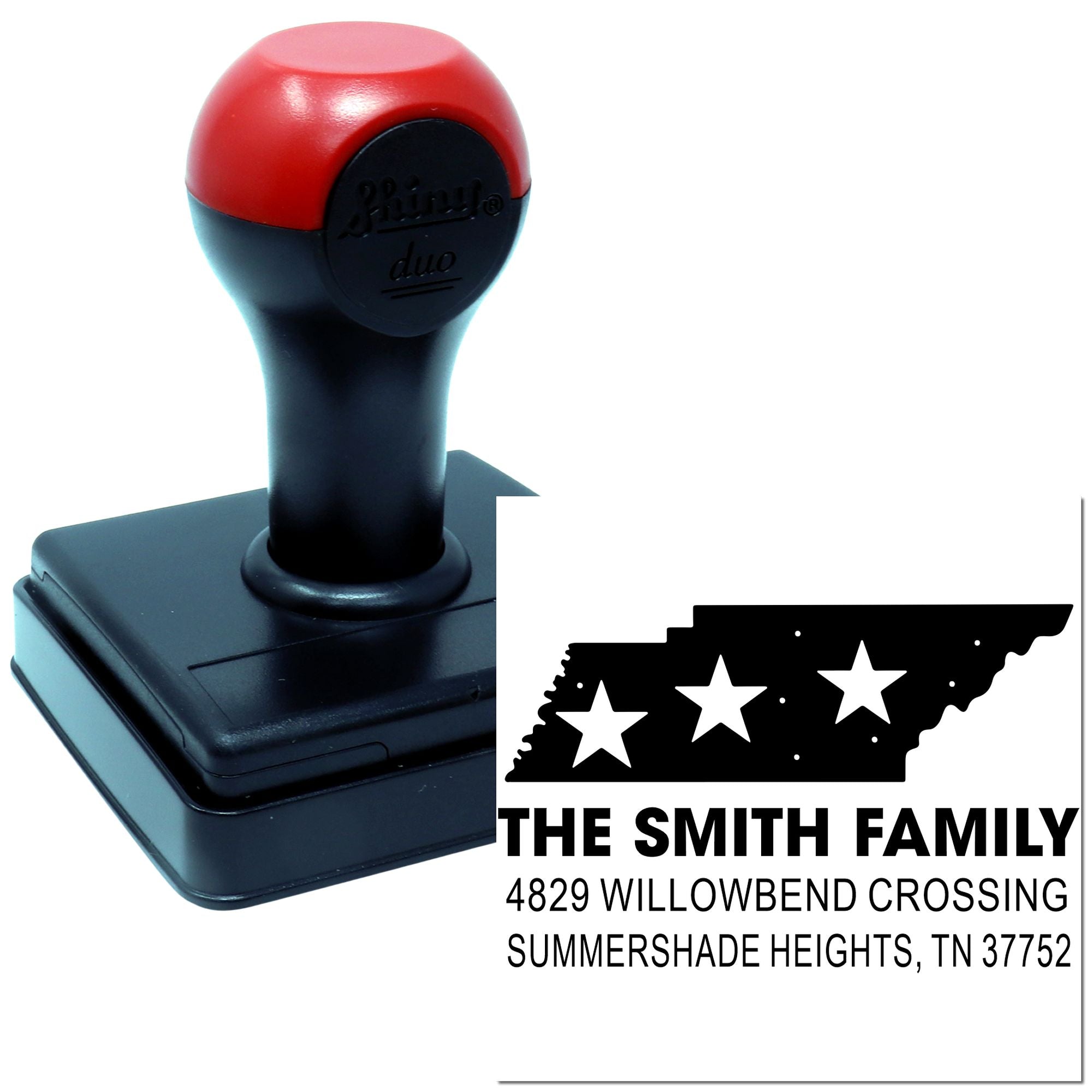 Personalized self-inking rubber address stamp with Tennessee design, family name, and return address for envelopes.