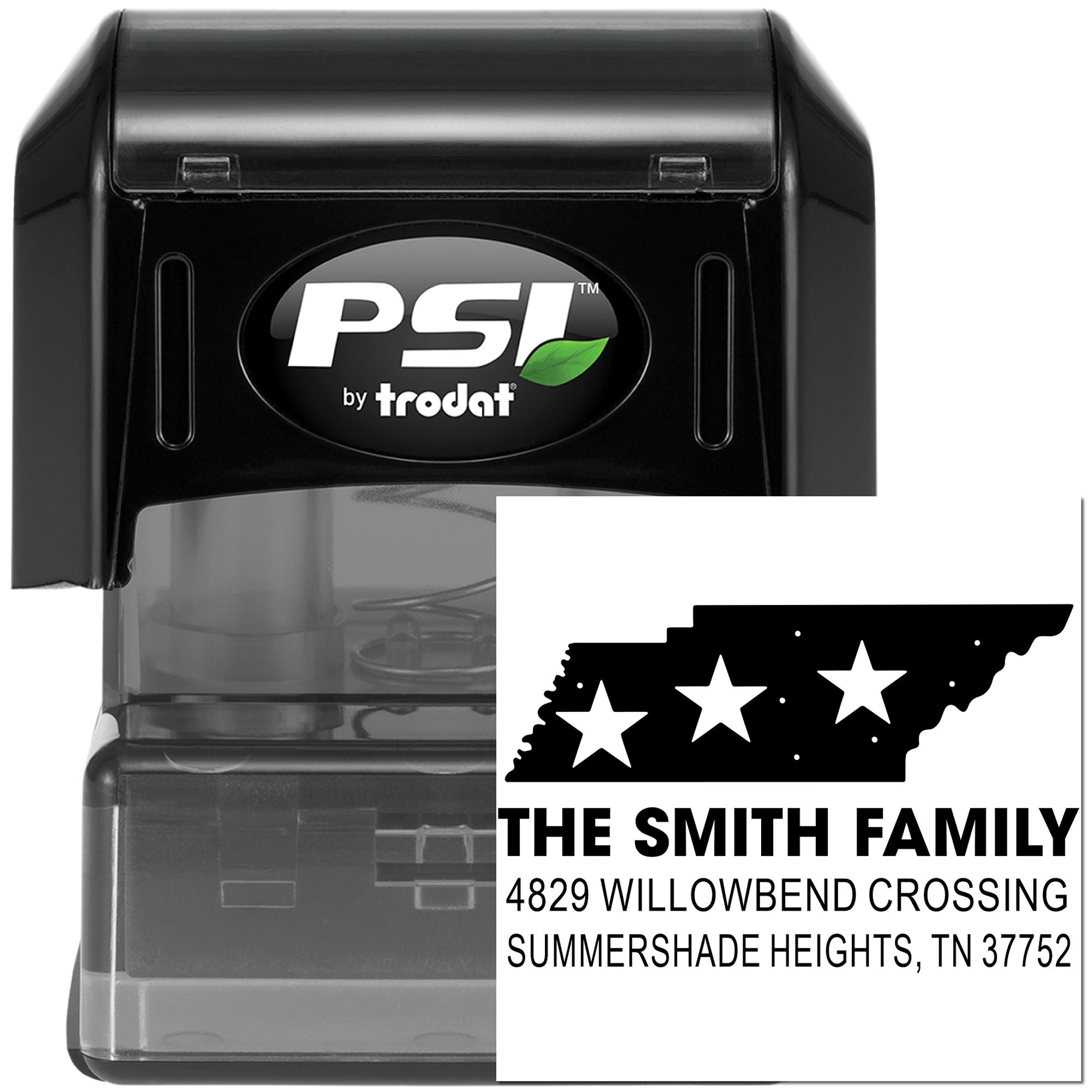 Personalized Tennessee return address rubber stamp, PSI by Trodat self-inking stamp with family name and address.