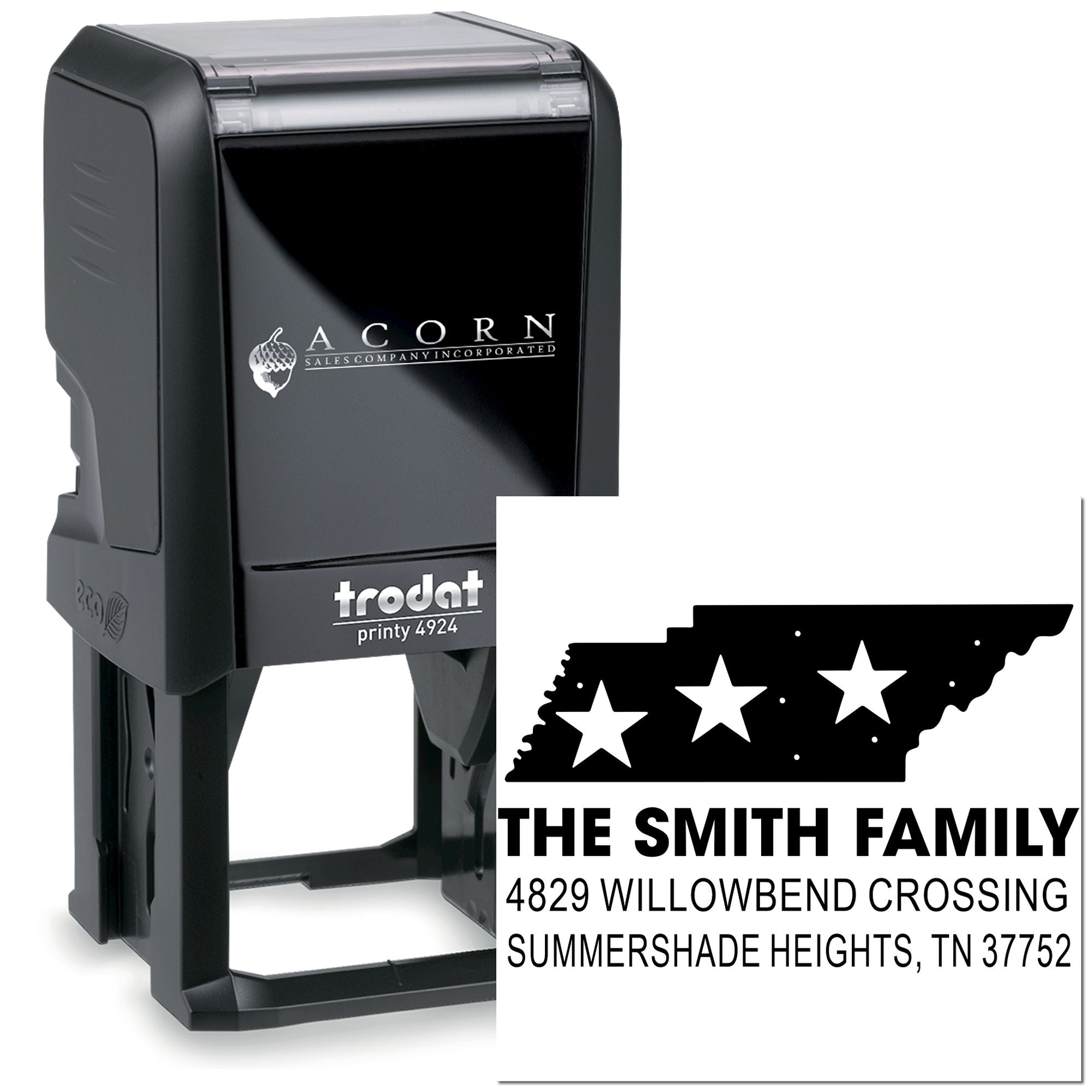 Custom self-inking family return address rubber stamp, Trodat Printy 4924, with personalized Tennessee address design.