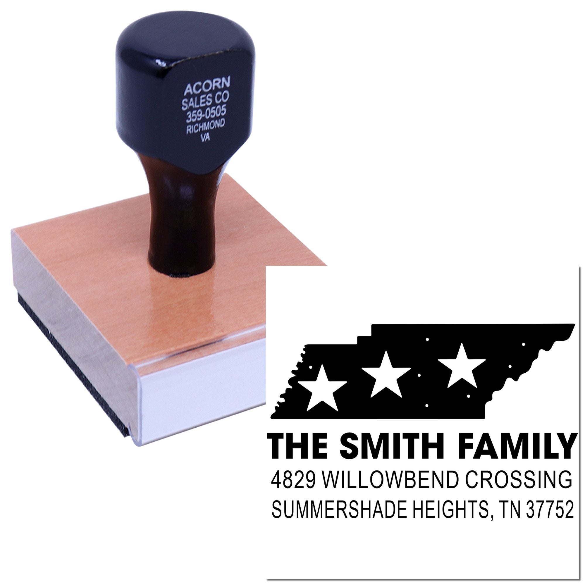 Custom family return address rubber stamp featuring Tennessee design, The Smith Family name, and home address.