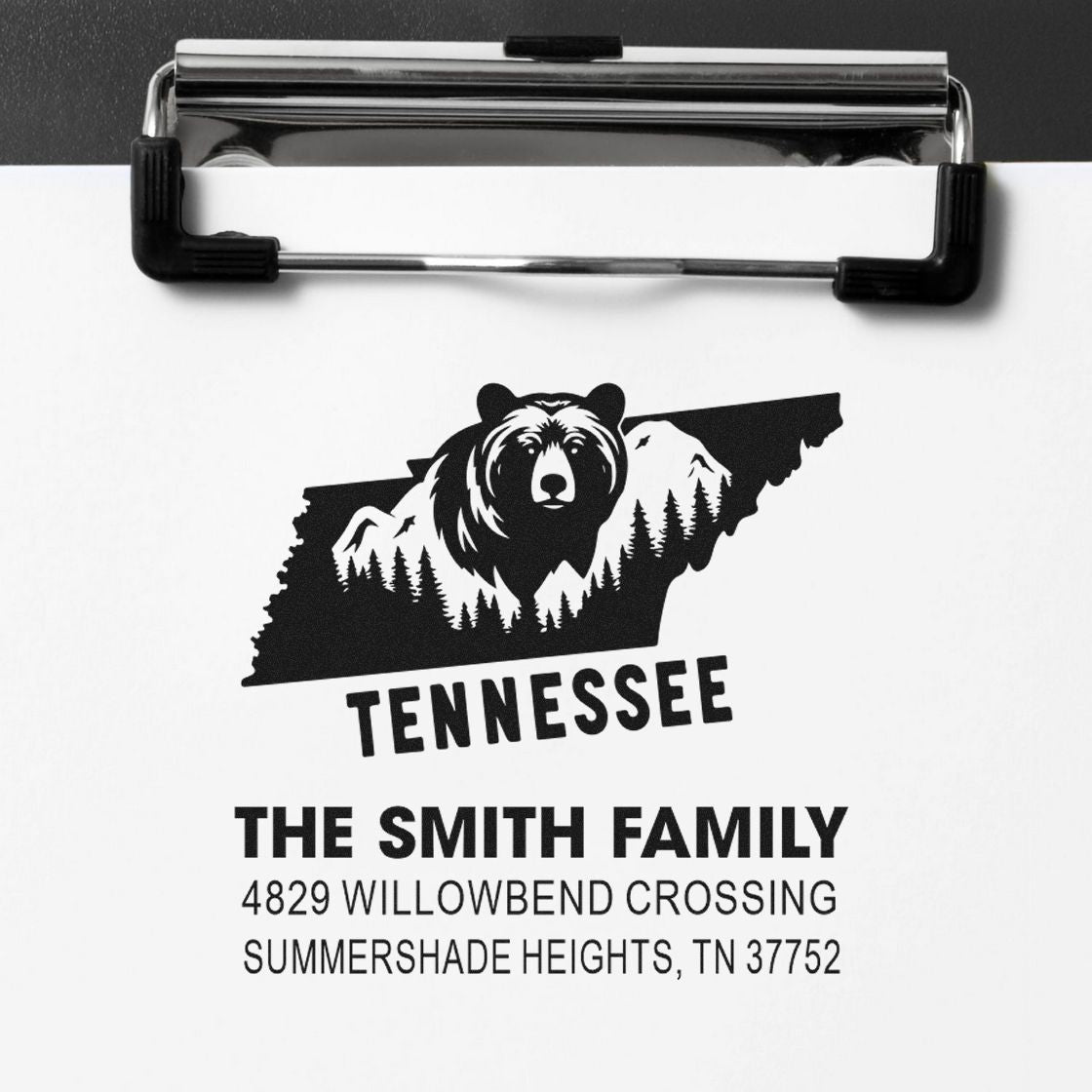Personalized Tennessee return address rubber stamp with bear design for The Smith Family and custom mailing address.