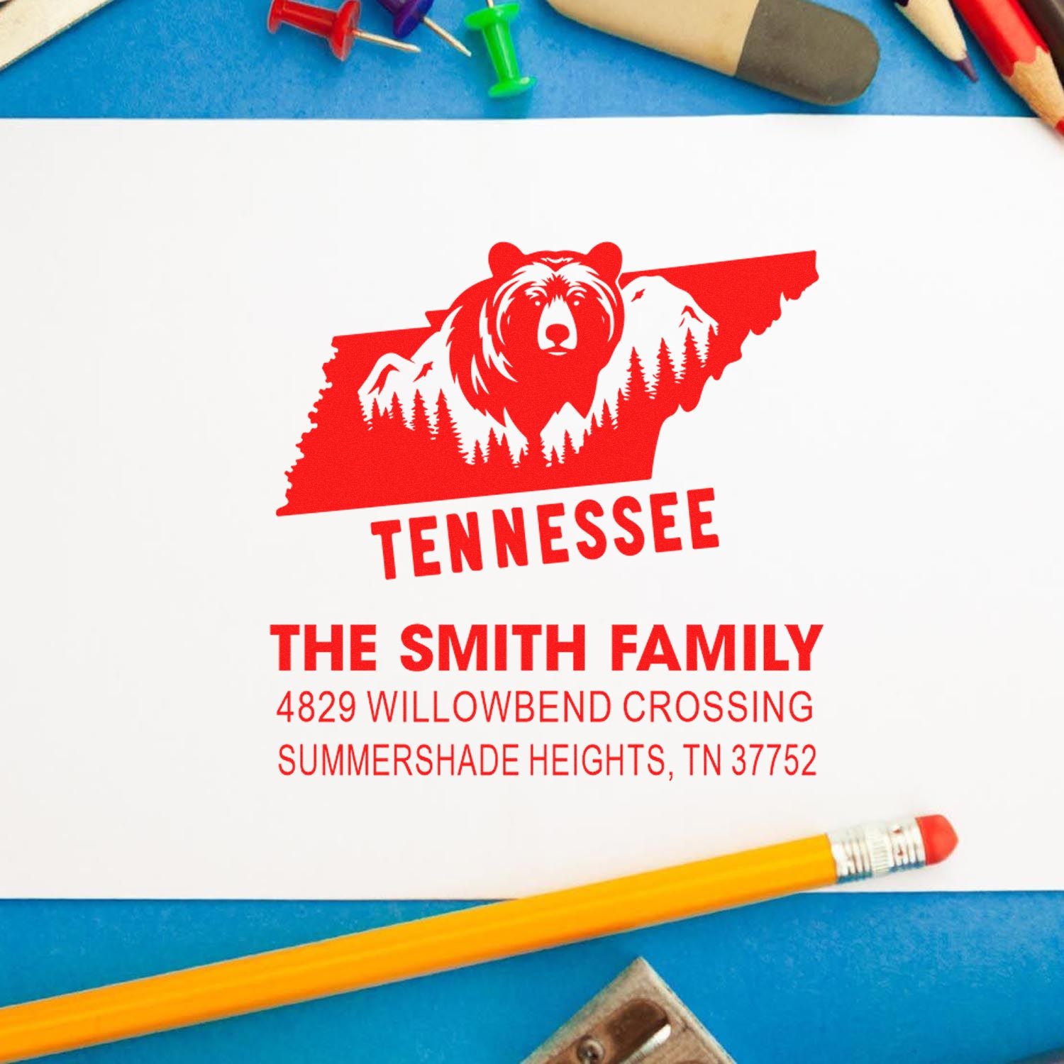 Custom Tennessee family address rubber stamp with bear and mountain design, The Smith Family, Summershade Heights.