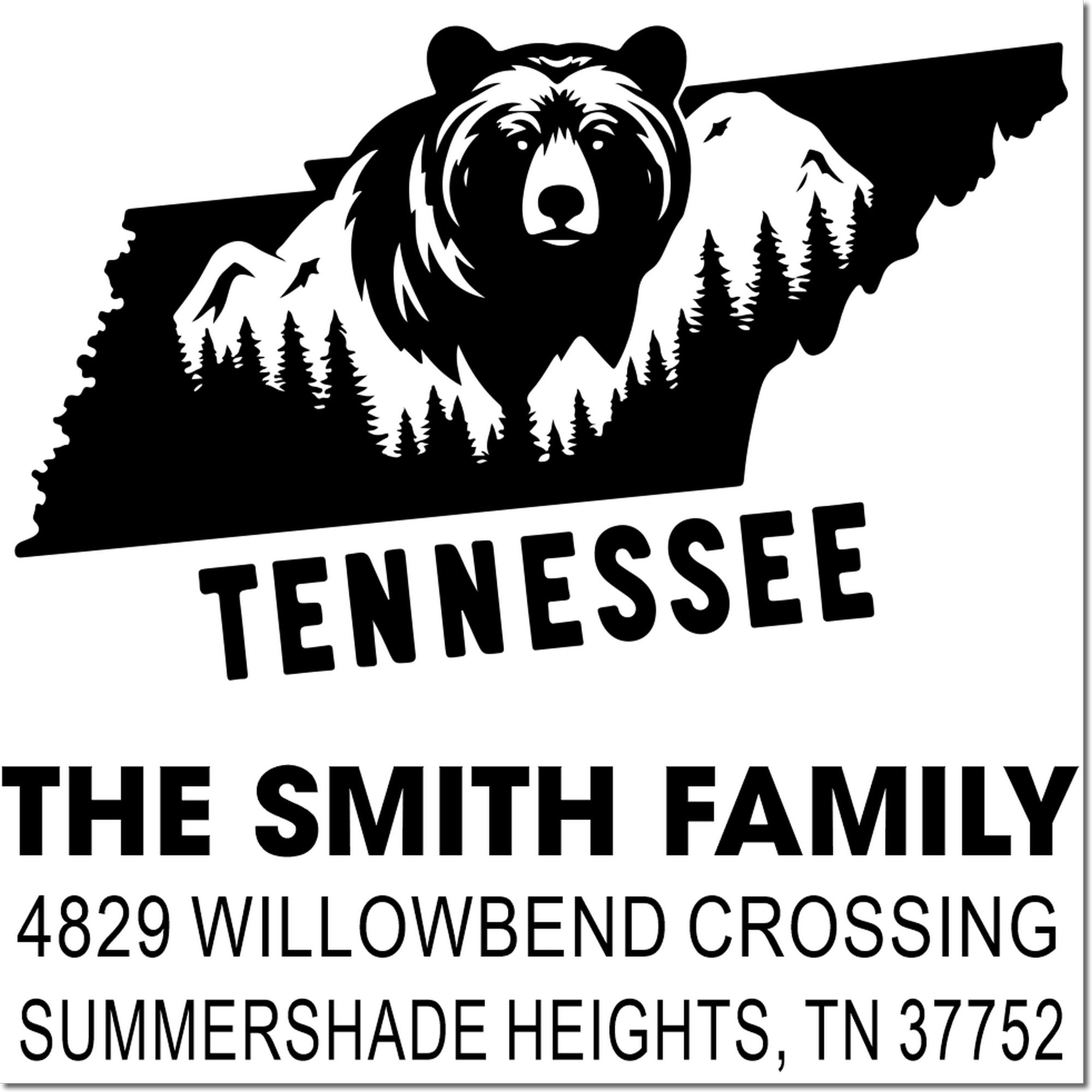 Custom Tennessee return address rubber stamp with bear and mountain design for The Smith Family, Summershade Heights, TN