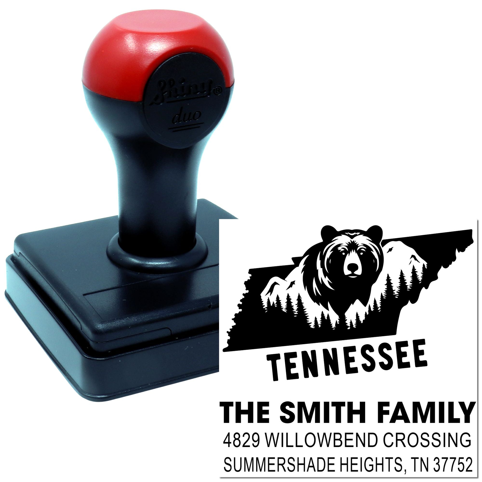 Custom self-inking Tennessee family address rubber stamp with bear design for personalized return-address stamping