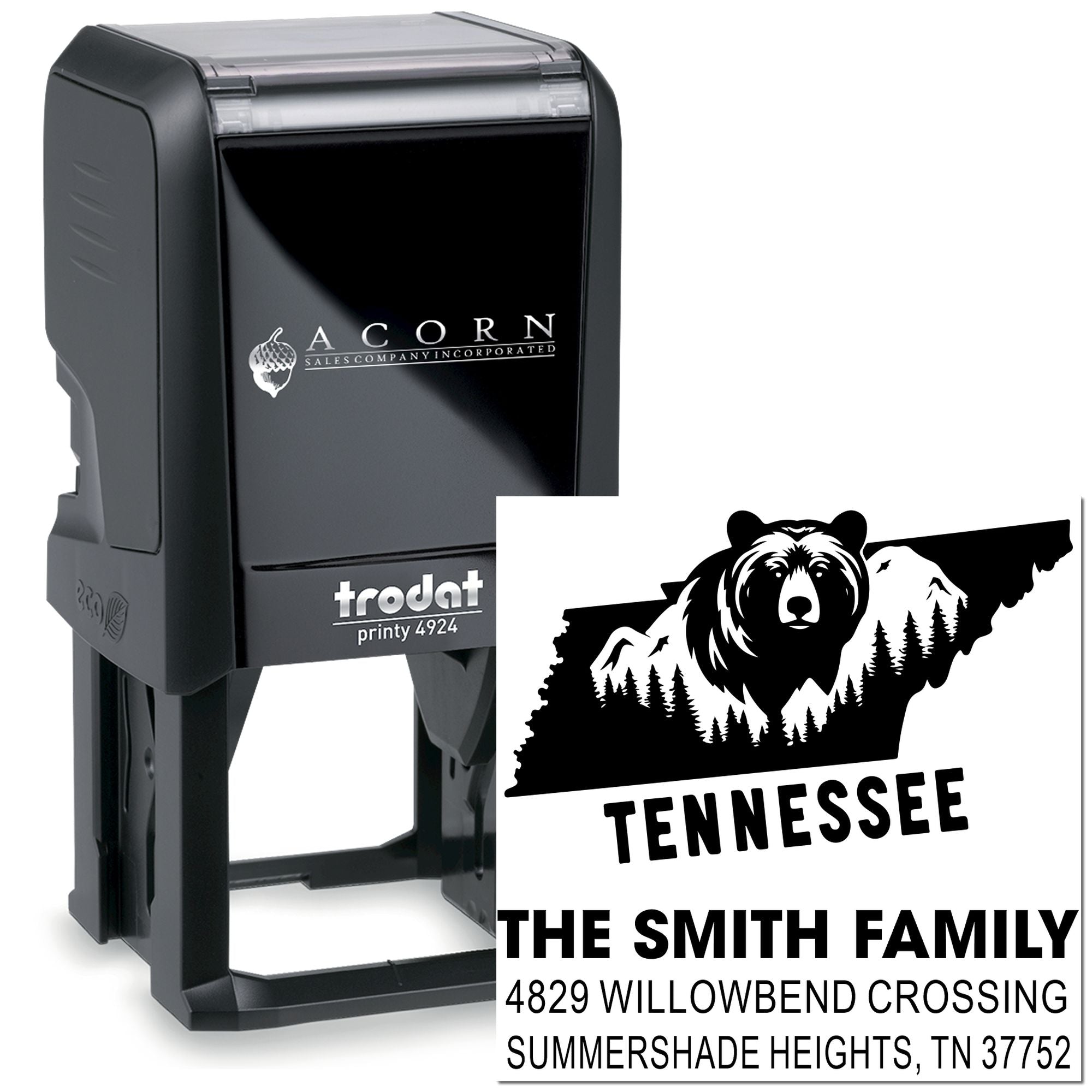 Personalized self-inking rubber address stamp with Tennessee bear design, Smith family name, and return address.