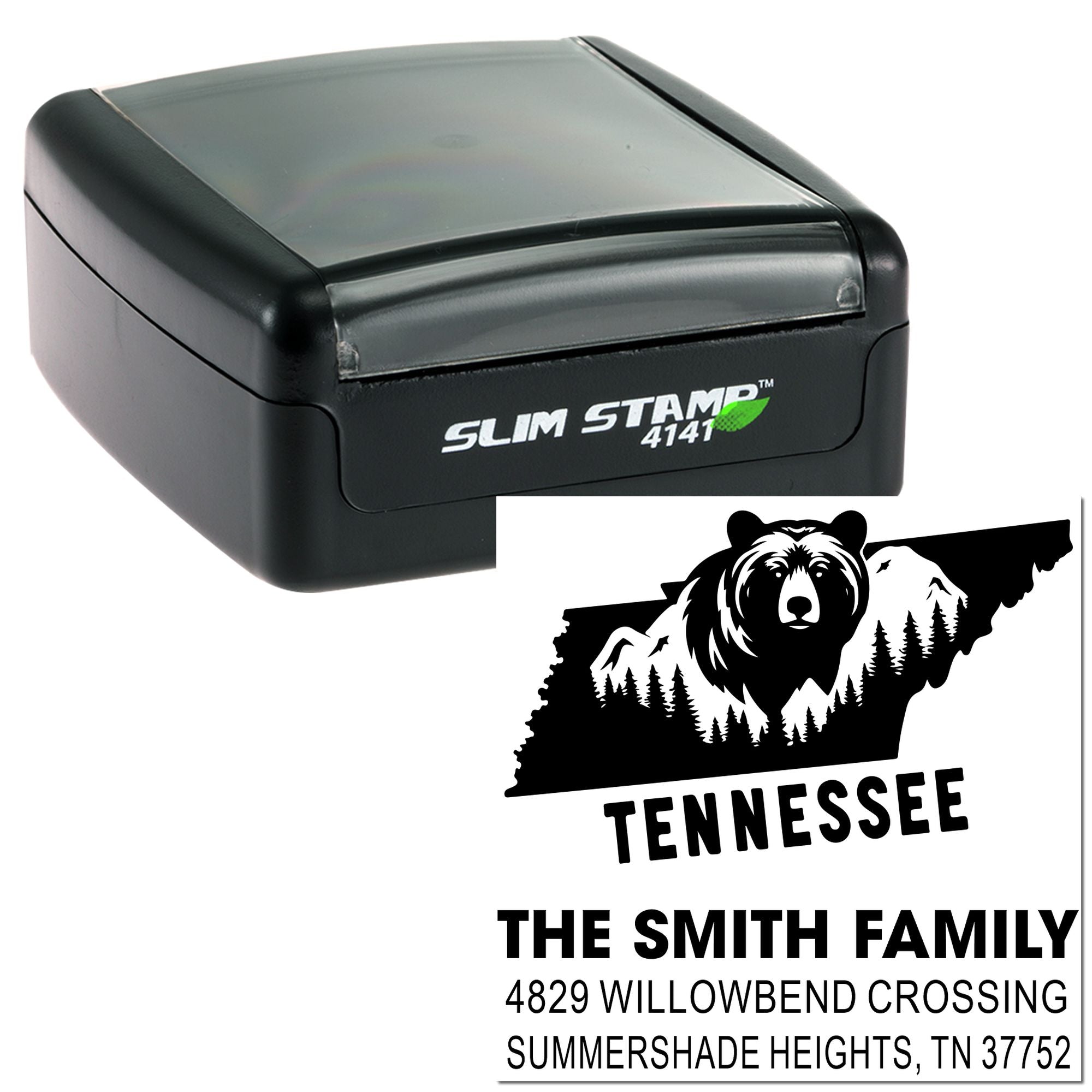 Slim Stamp 4141 custom Tennessee return address rubber stamp with bear and mountain design for family mailing labels.
