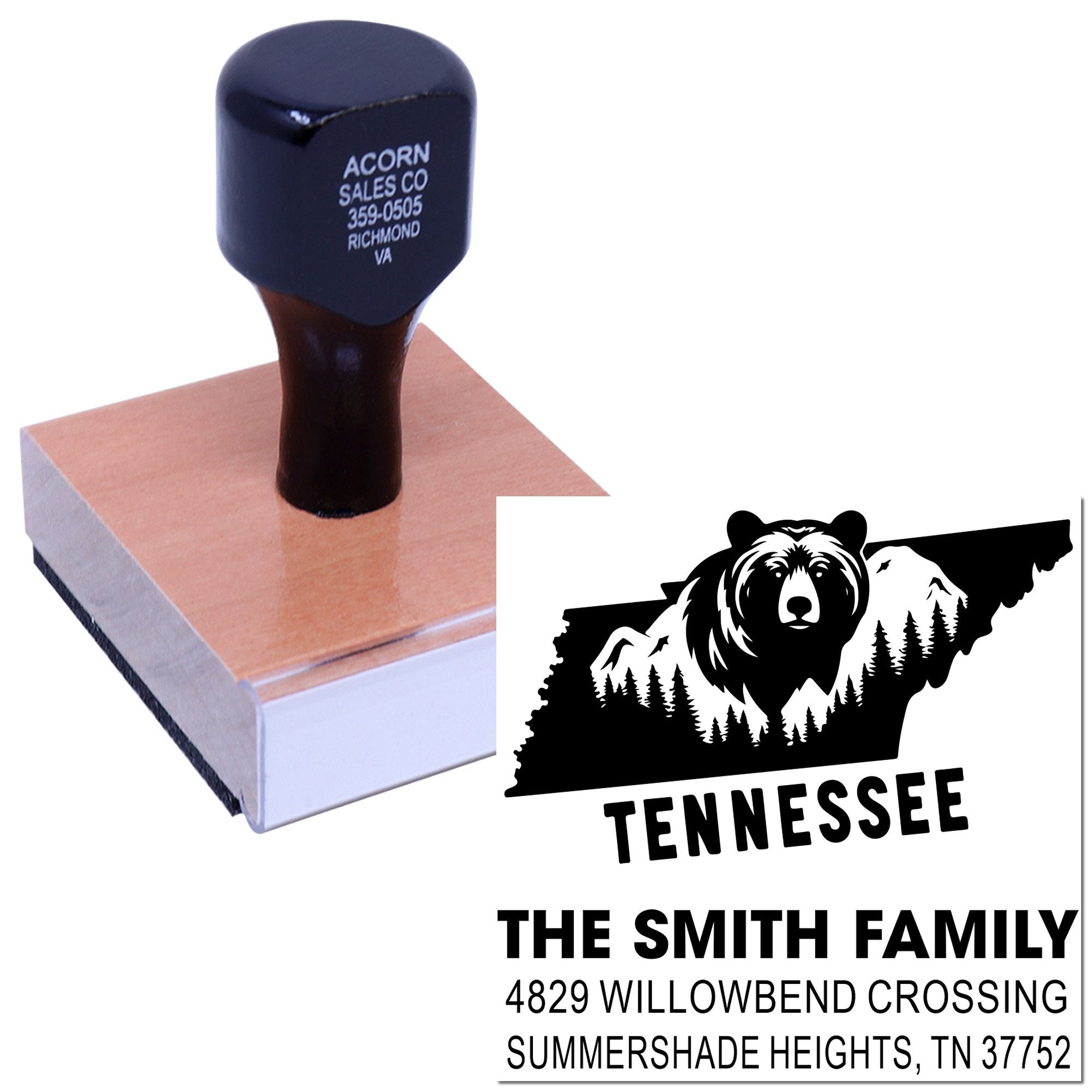 Personalized rubber address stamp showing Tennessee bear design and The Smith Family return address imprint.