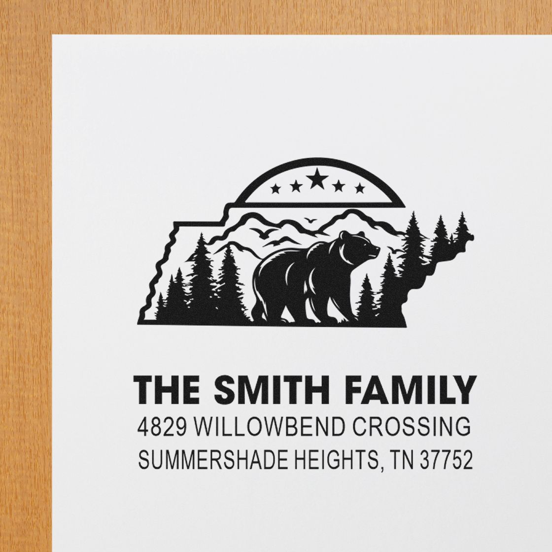 Custom family address rubber stamp with Tennessee wildlife design, bear, mountains and trees, personalized for The Smith Family.