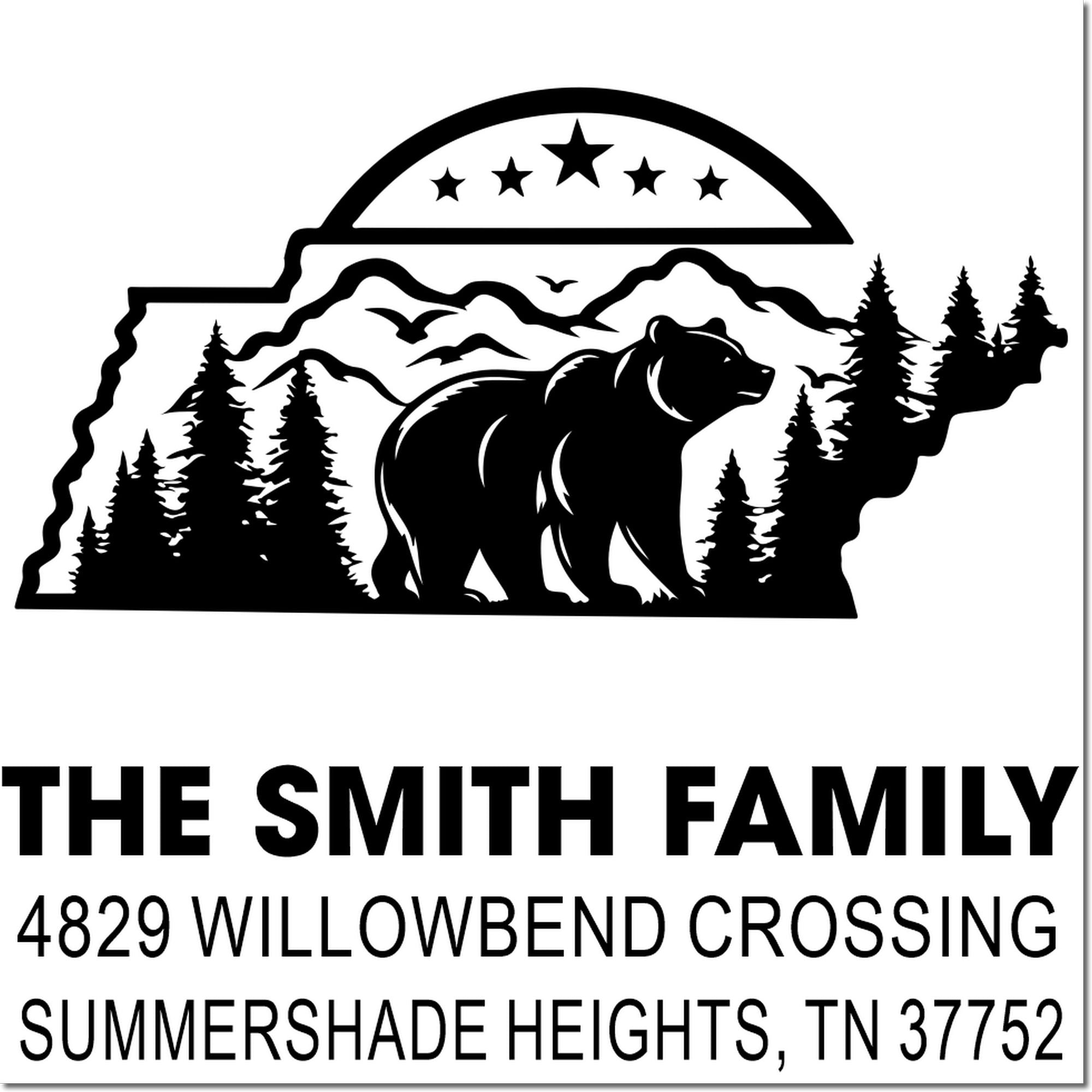 Personalized return address rubber stamp featuring a bear, pine trees, Tennessee outline, and custom family mailing address.
