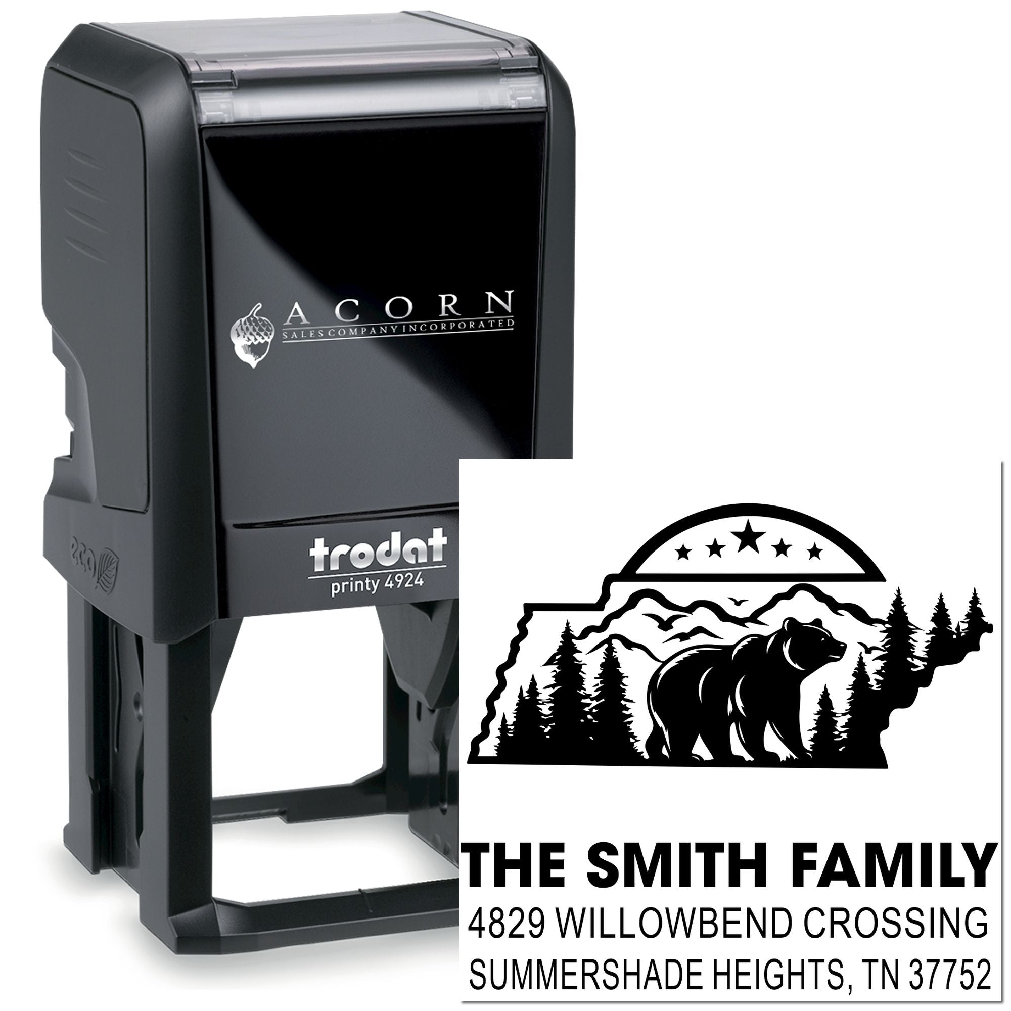 Custom self-inking rubber address stamp with bear and mountain design for the Smith family home.