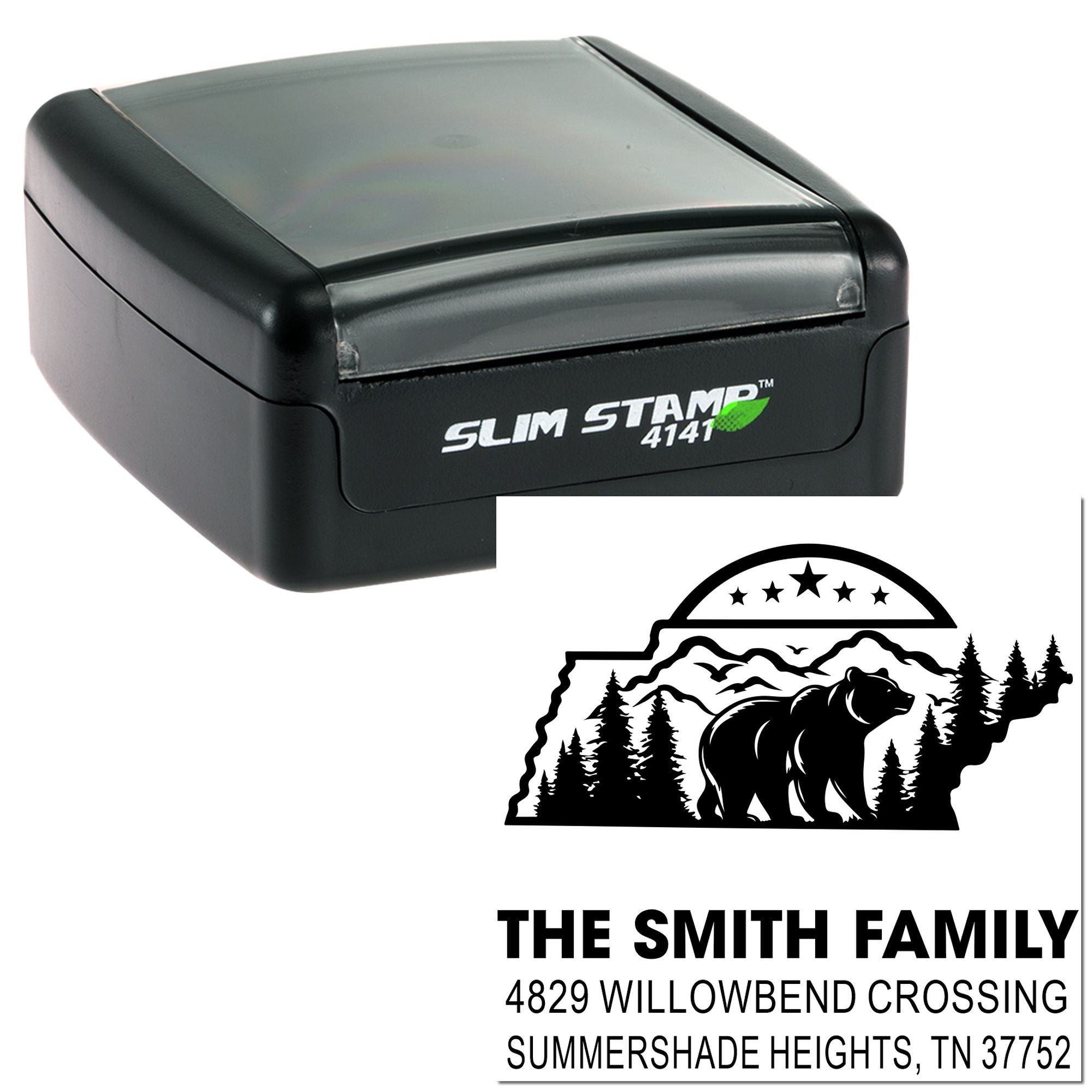 Custom self-inking rubber address stamp with bear and mountain design, Slim Stamp 4141.
