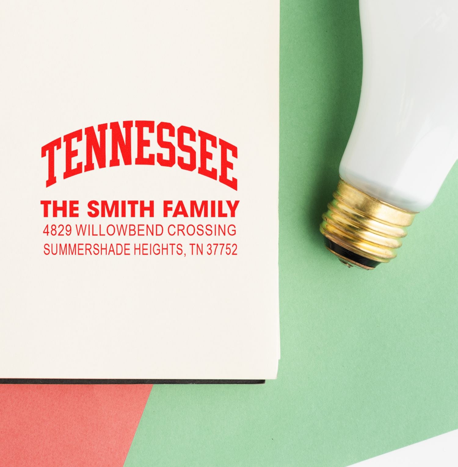 Personalized Tennessee address rubber stamp for The Smith Family with custom name and mailing address.