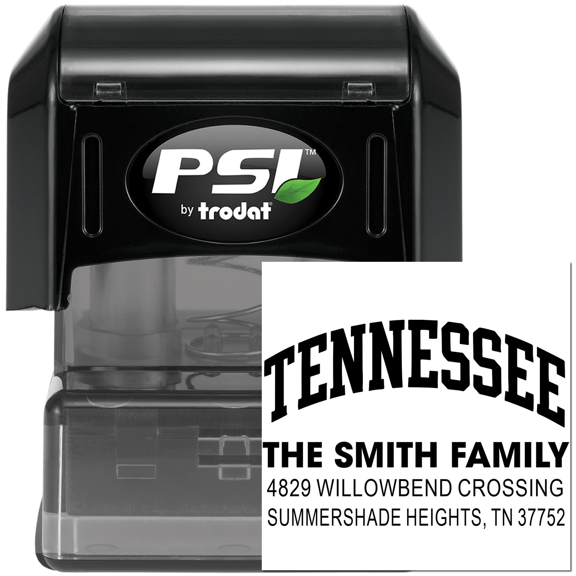 Custom self-inking address rubber stamp by PSI Trodat with Tennessee family return address imprint for mailing and crafts.