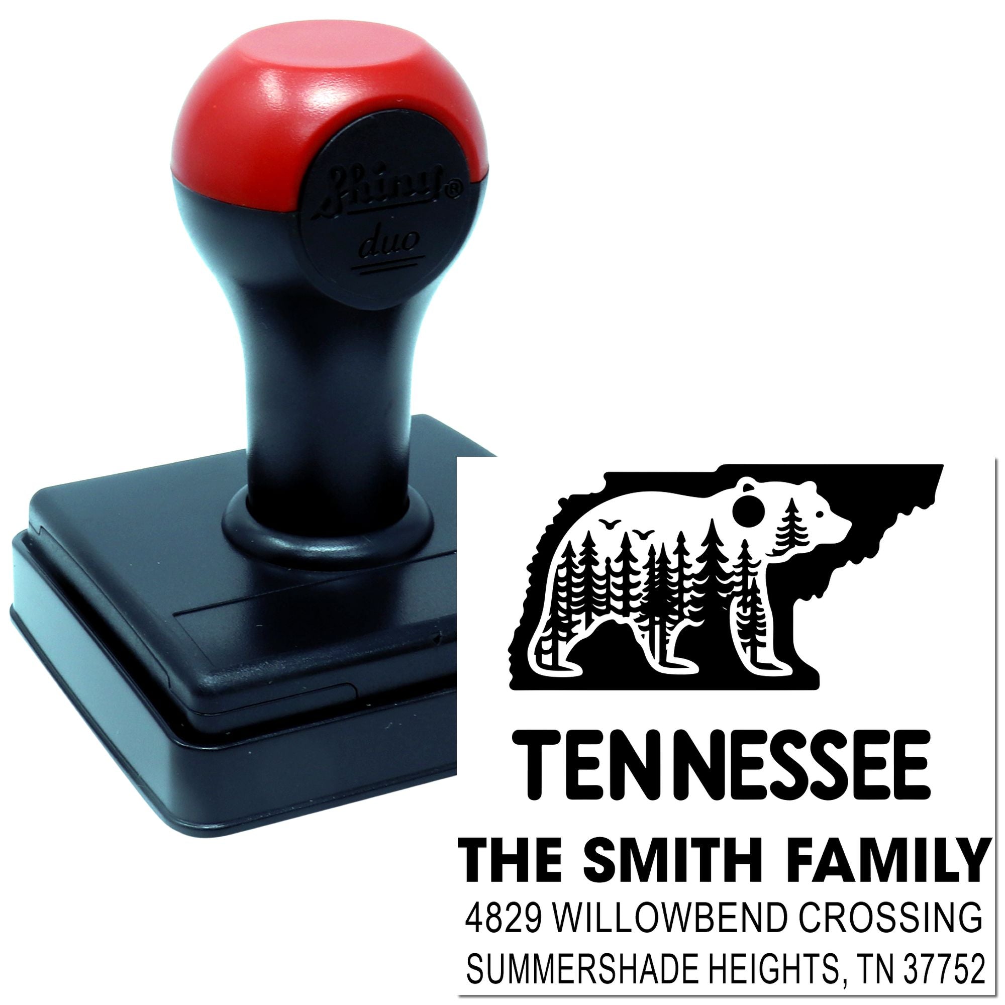 Custom self-inking Tennessee return address rubber stamp for The Smith Family with bear design