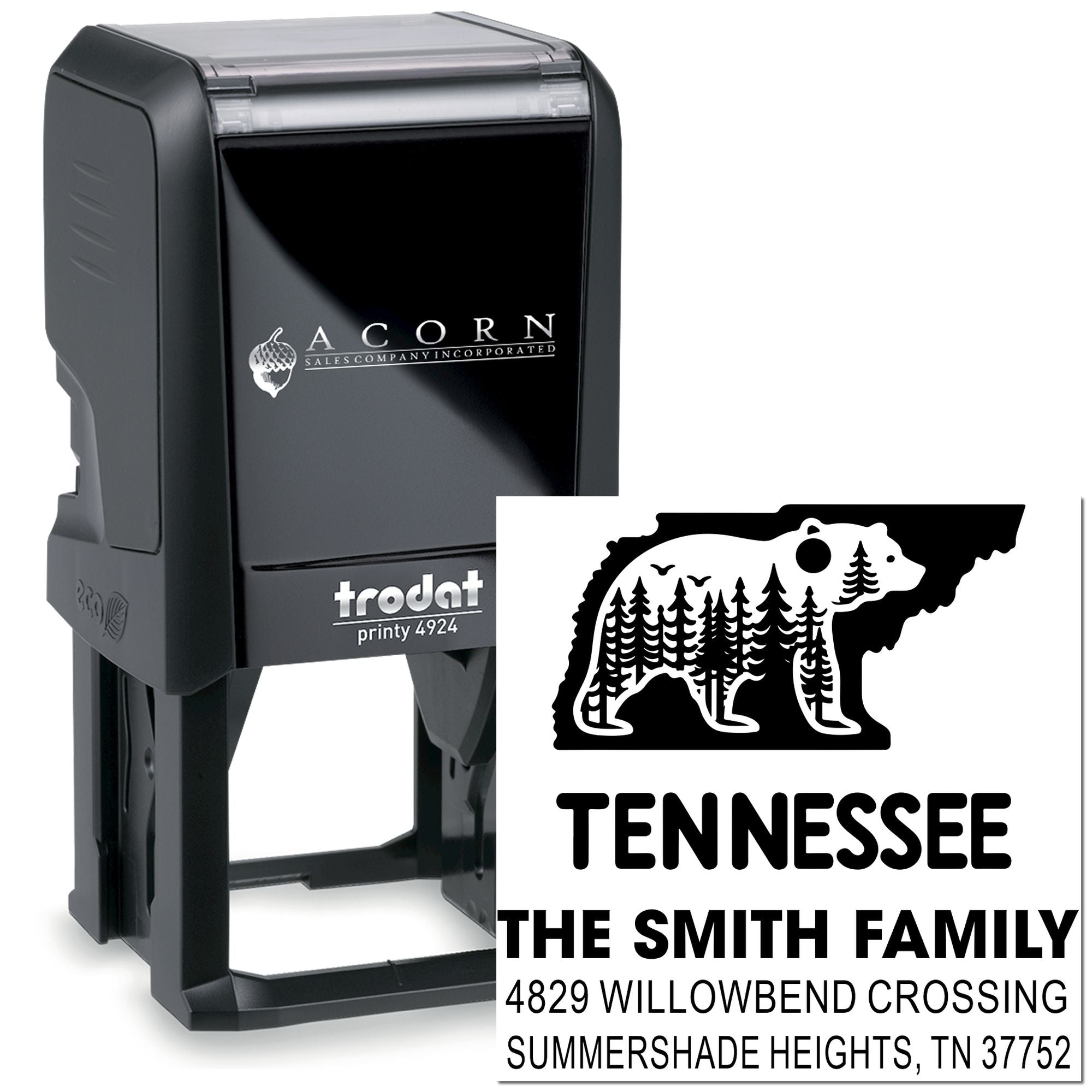 Custom Tennessee return address self-inking rubber stamp with bear state design and The Smith Family mailing address.