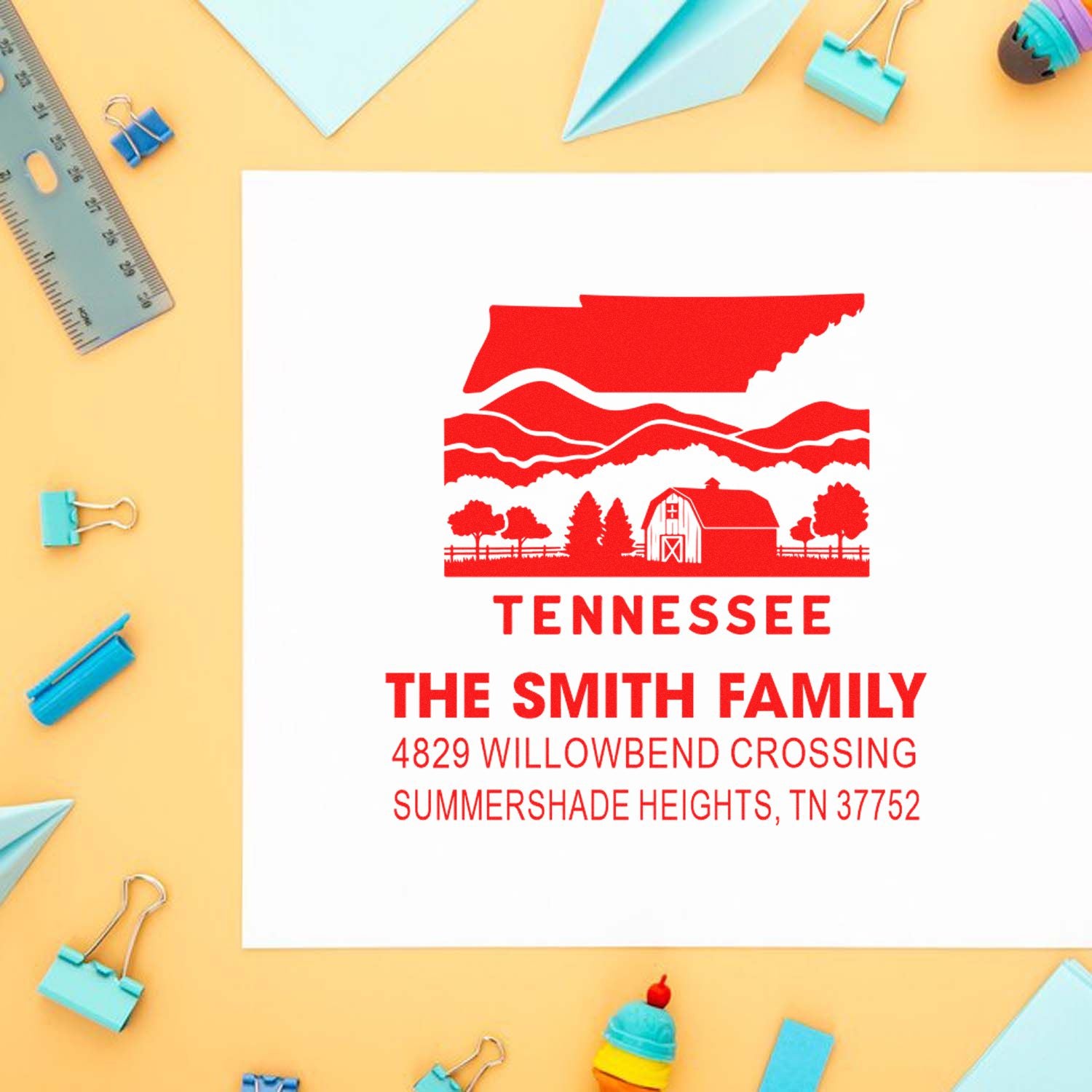 Personalized Tennessee return address rubber stamp with barn design for The Smith Family and custom mailing envelopes.