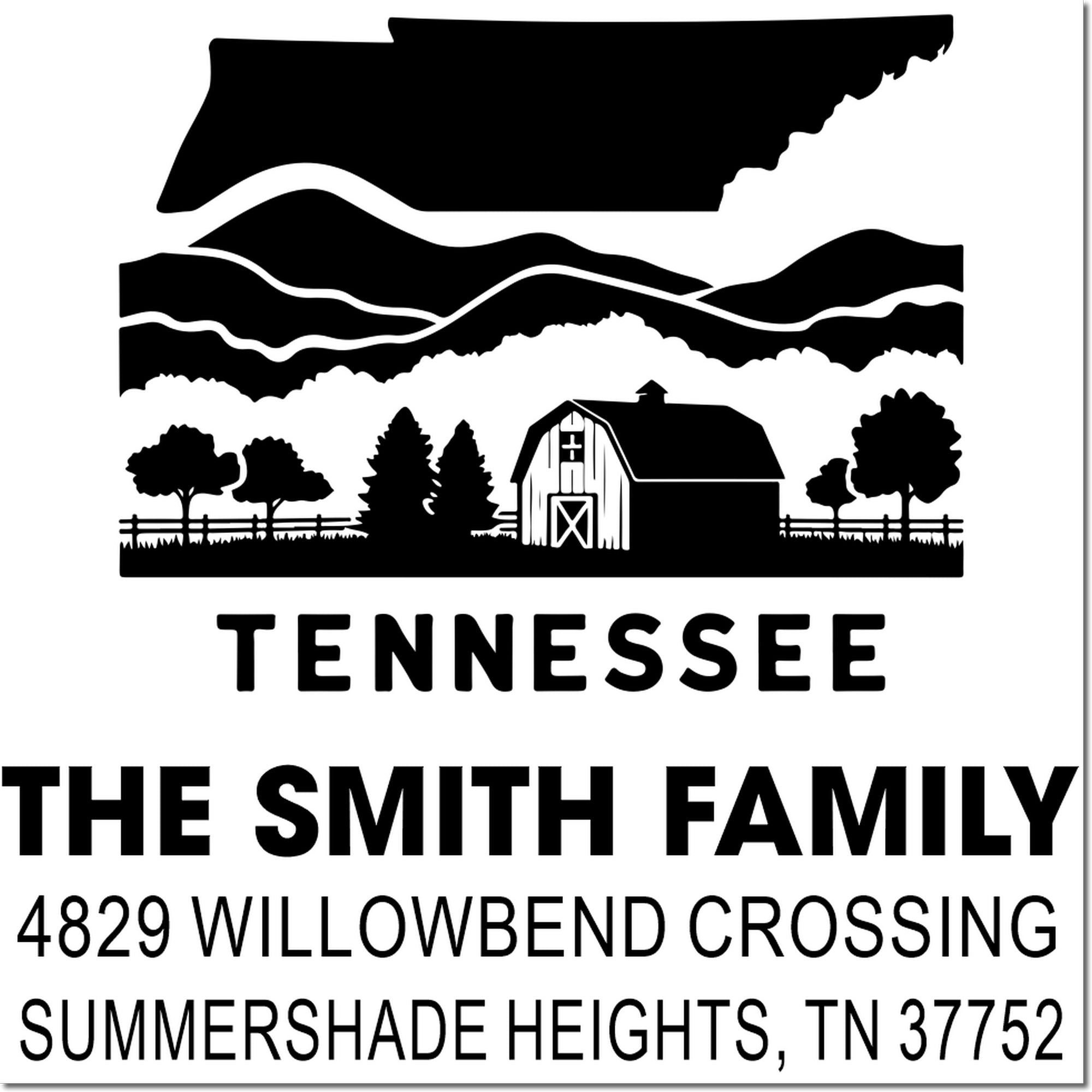 Personalized Tennessee return address stamp with barn silhouette, mountains, and custom Smith family address.