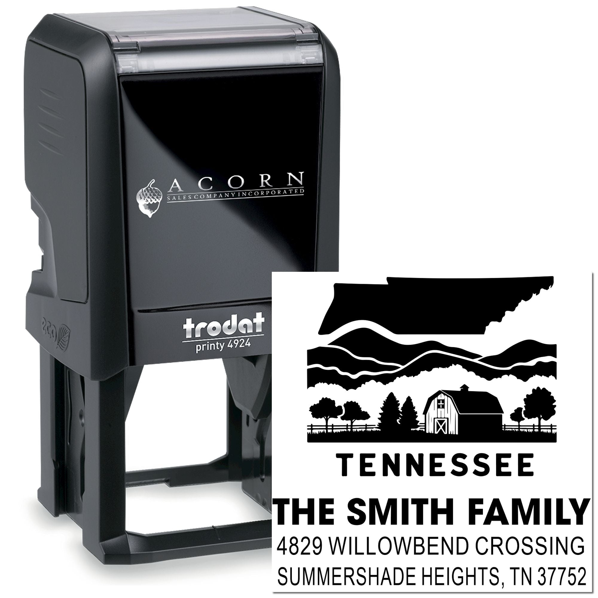 Custom self-inking rubber stamp with Tennessee return address, The Smith Family name, and farm landscape design.