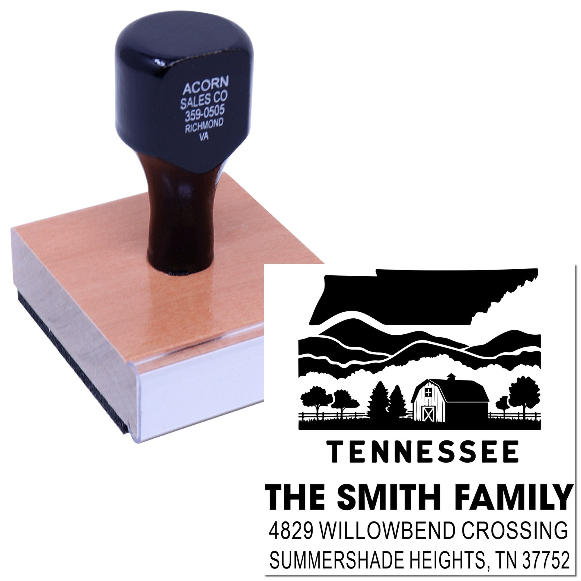 Custom Tennessee address rubber stamp for family mailings, featuring The Smith Family and Willowbend Crossing return address.