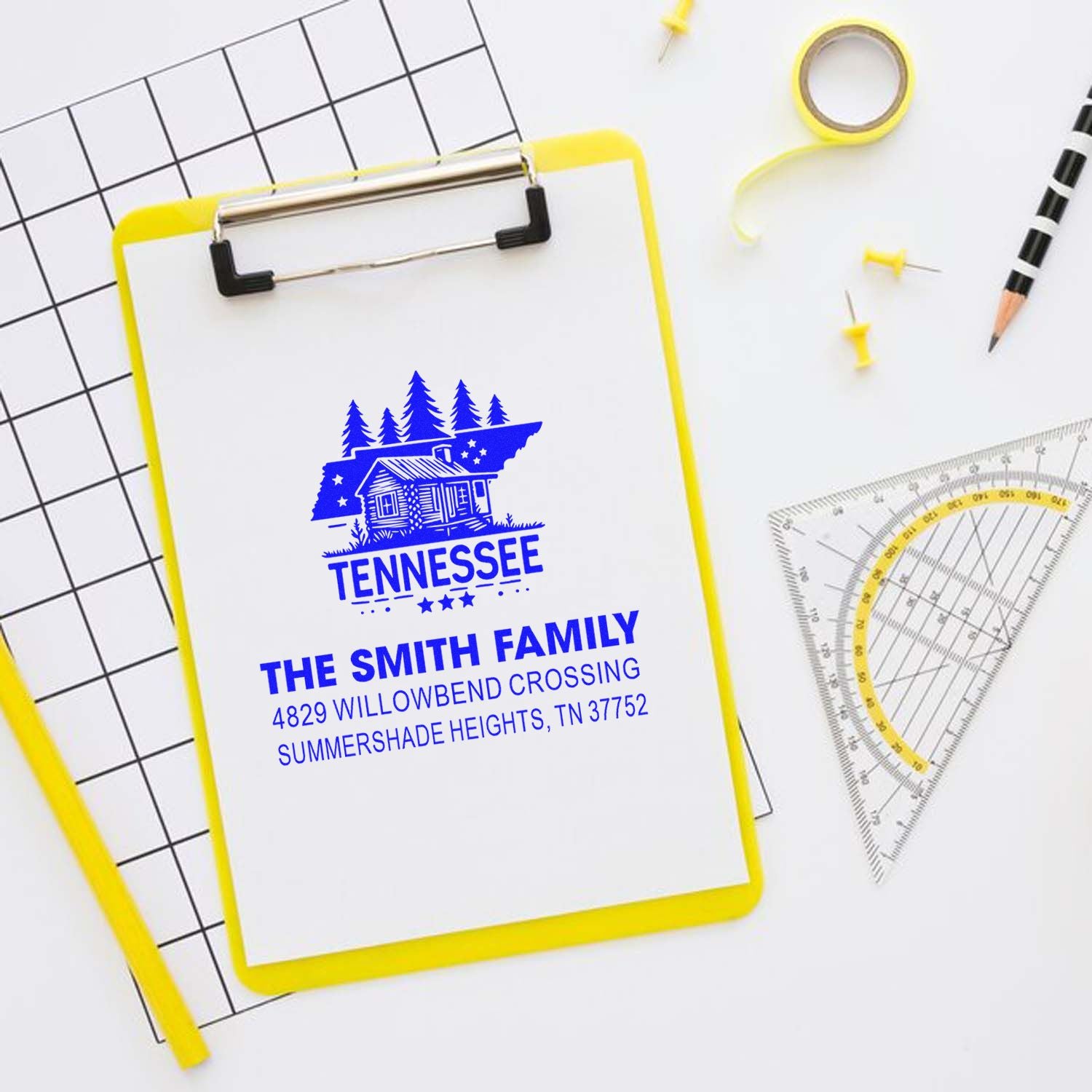 Personalized Tennessee address rubber stamp for The Smith Family with house logo and custom mailing address.