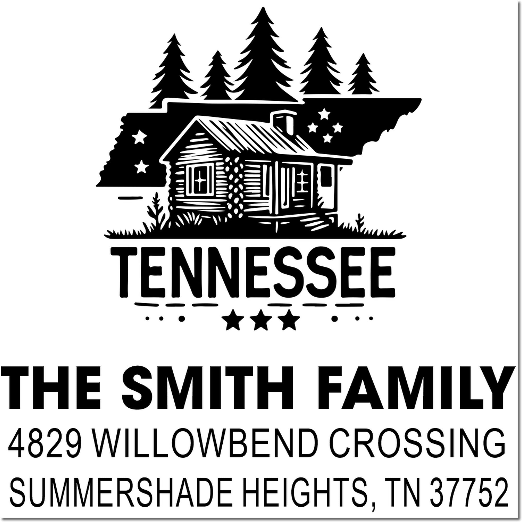 Custom Tennessee address rubber stamp with cabin and pine trees for The Smith Family at 4829 Willowbend Crossing, Summershade Heights.