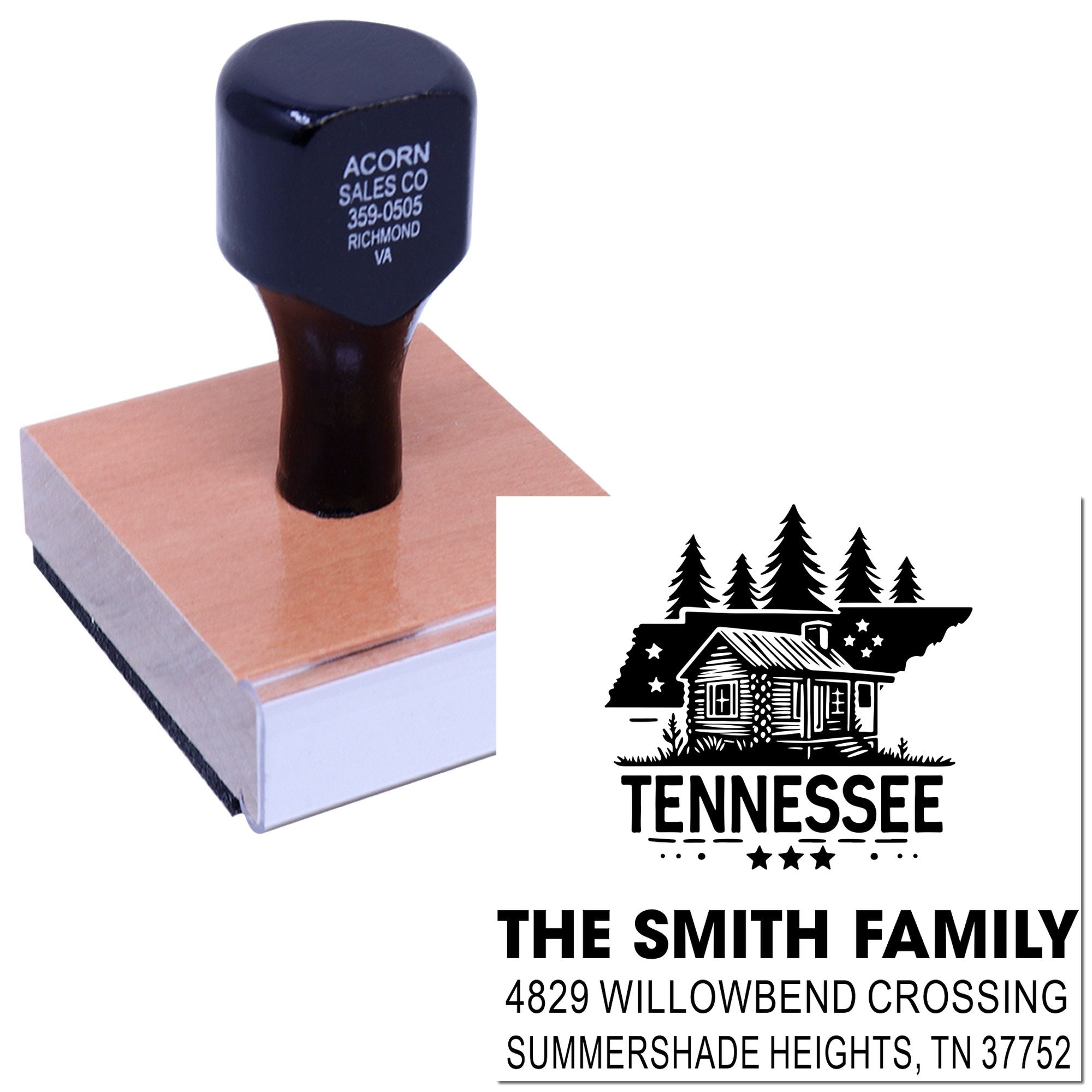 Custom Tennessee return address rubber stamp with cabin design, family name and mailing address.