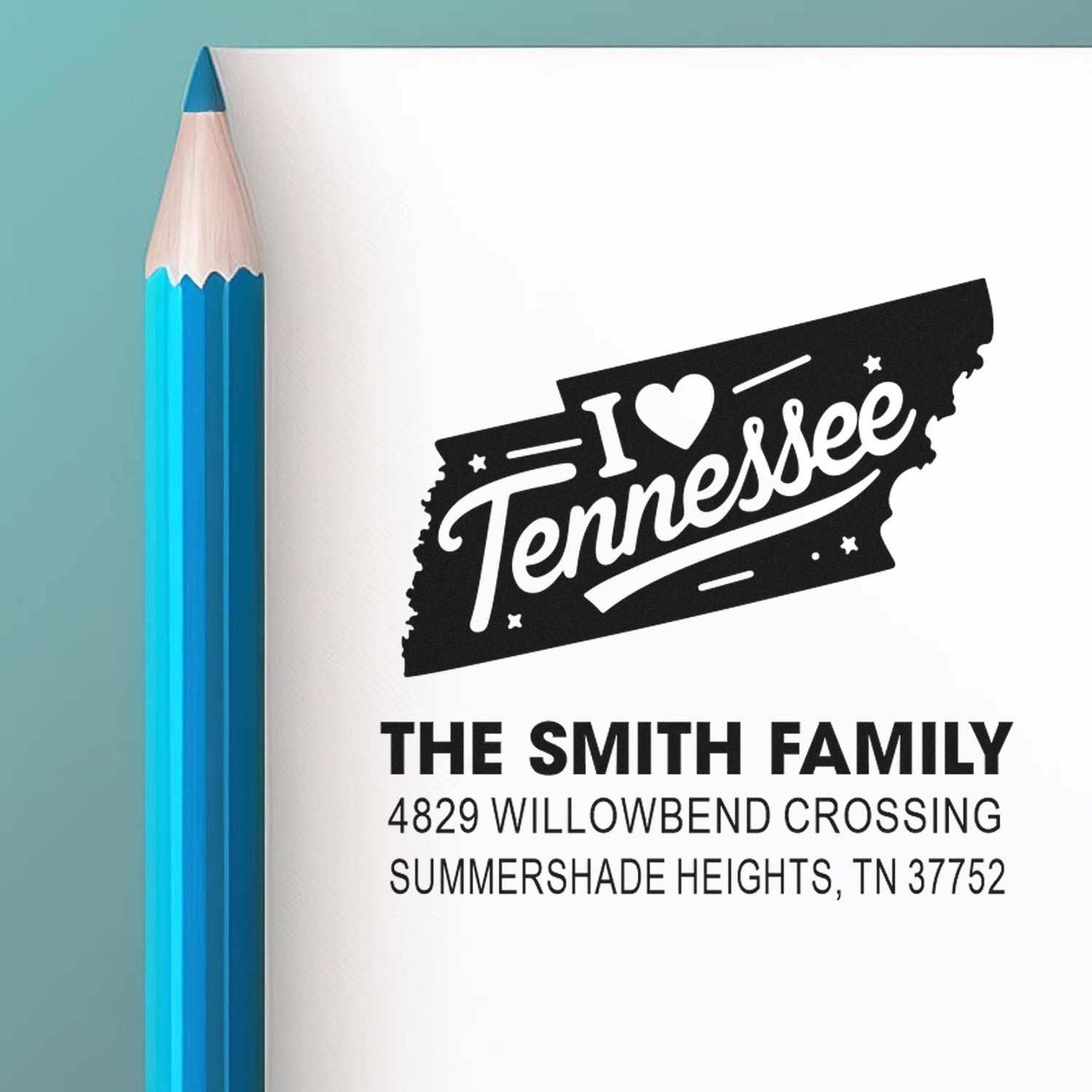 Custom Tennessee return address rubber stamp with I Love Tennessee design for The Smith Family.