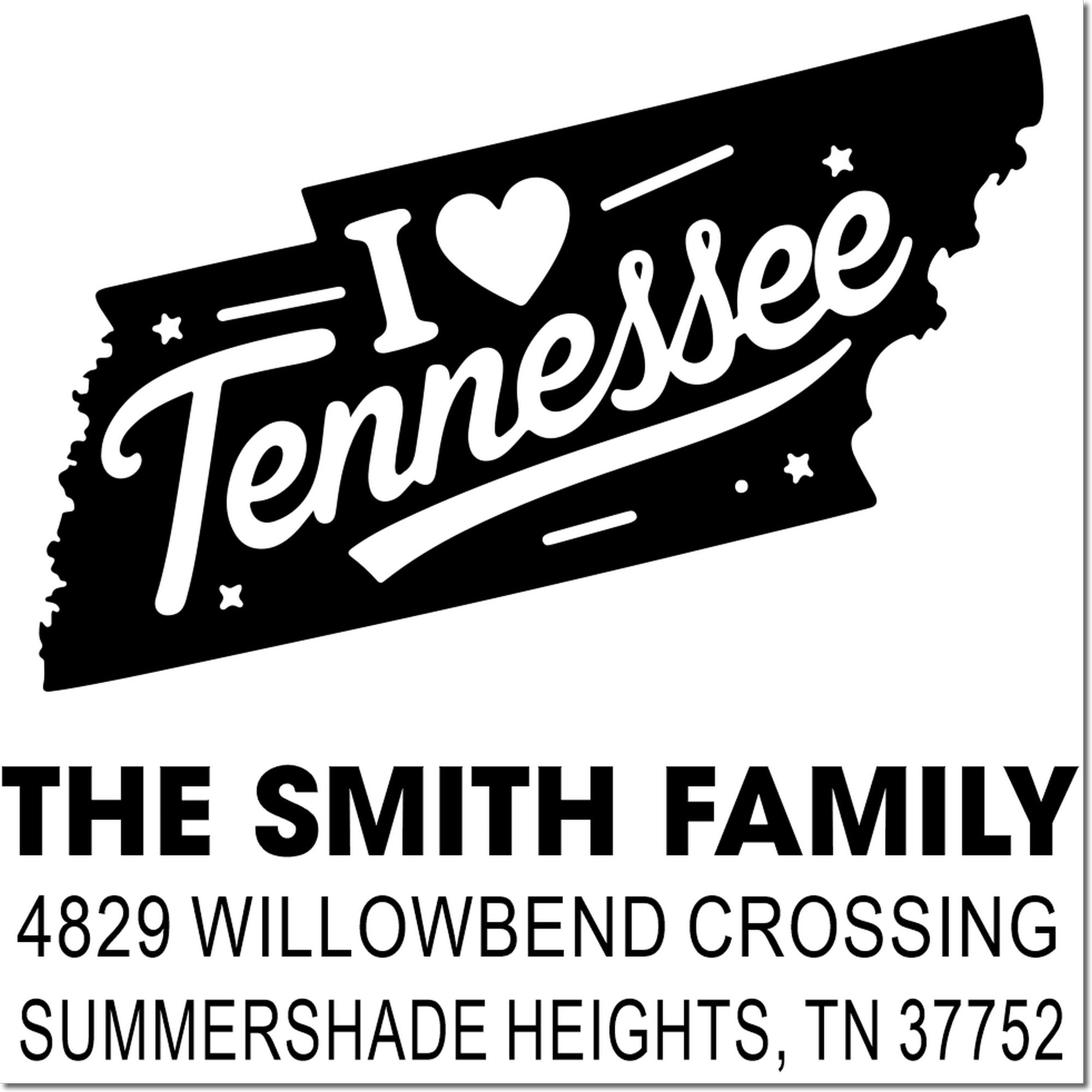 Custom Tennessee return address rubber stamp for The Smith Family, 4829 Willowbend Crossing, Summershade Heights, TN 37752
