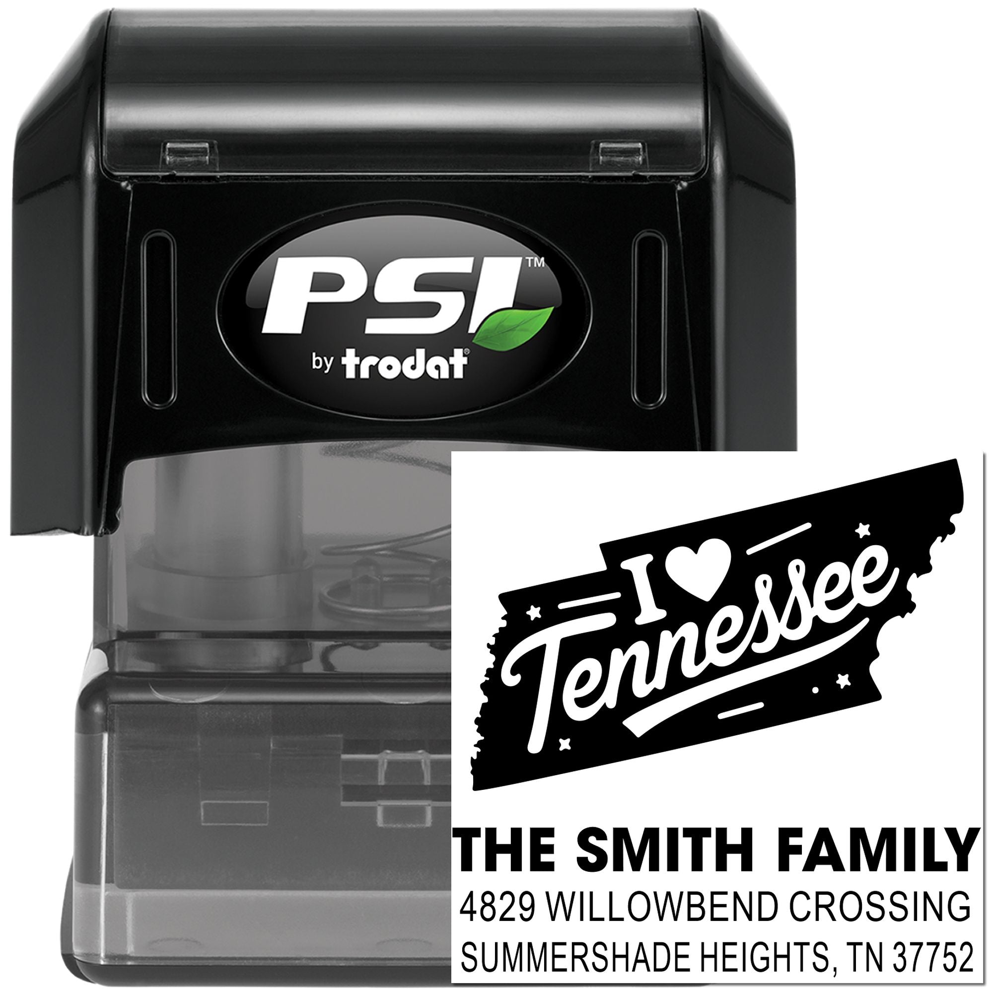 Custom self-inking rubber address stamp with I Love Tennessee design, PSI by Trodat, for The Smith Family return address.