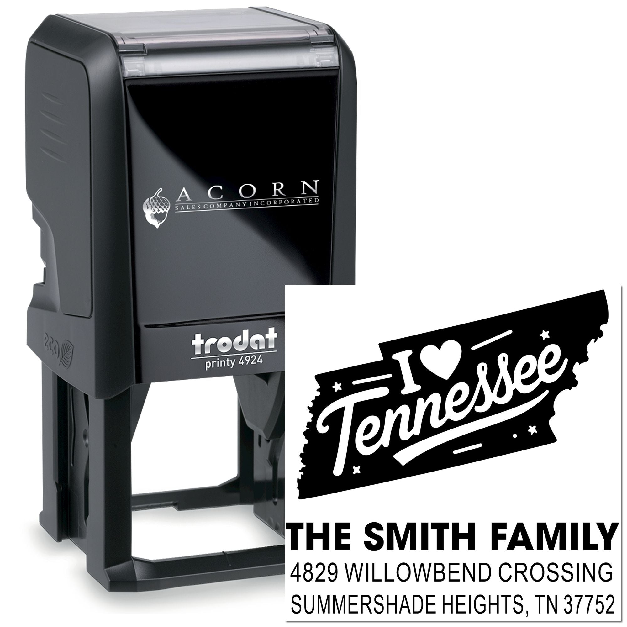Custom self-inking Tennessee address rubber stamp with family name and return address for personalized mail.