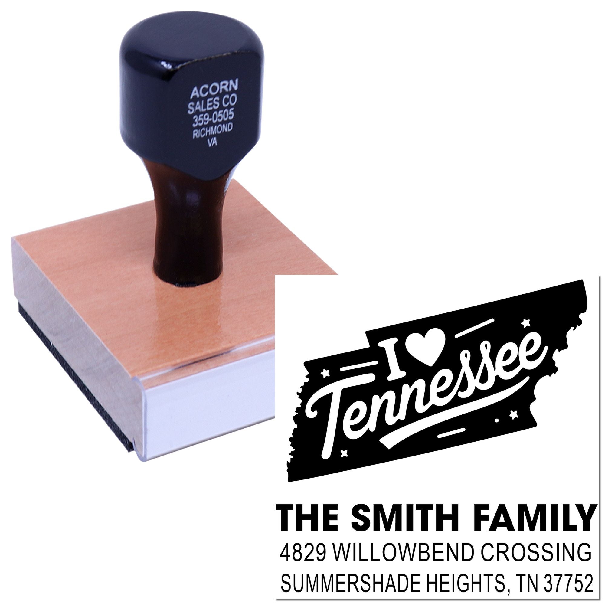 Custom rubber stamp with I Love Tennessee design and family address for personalized mail and crafts