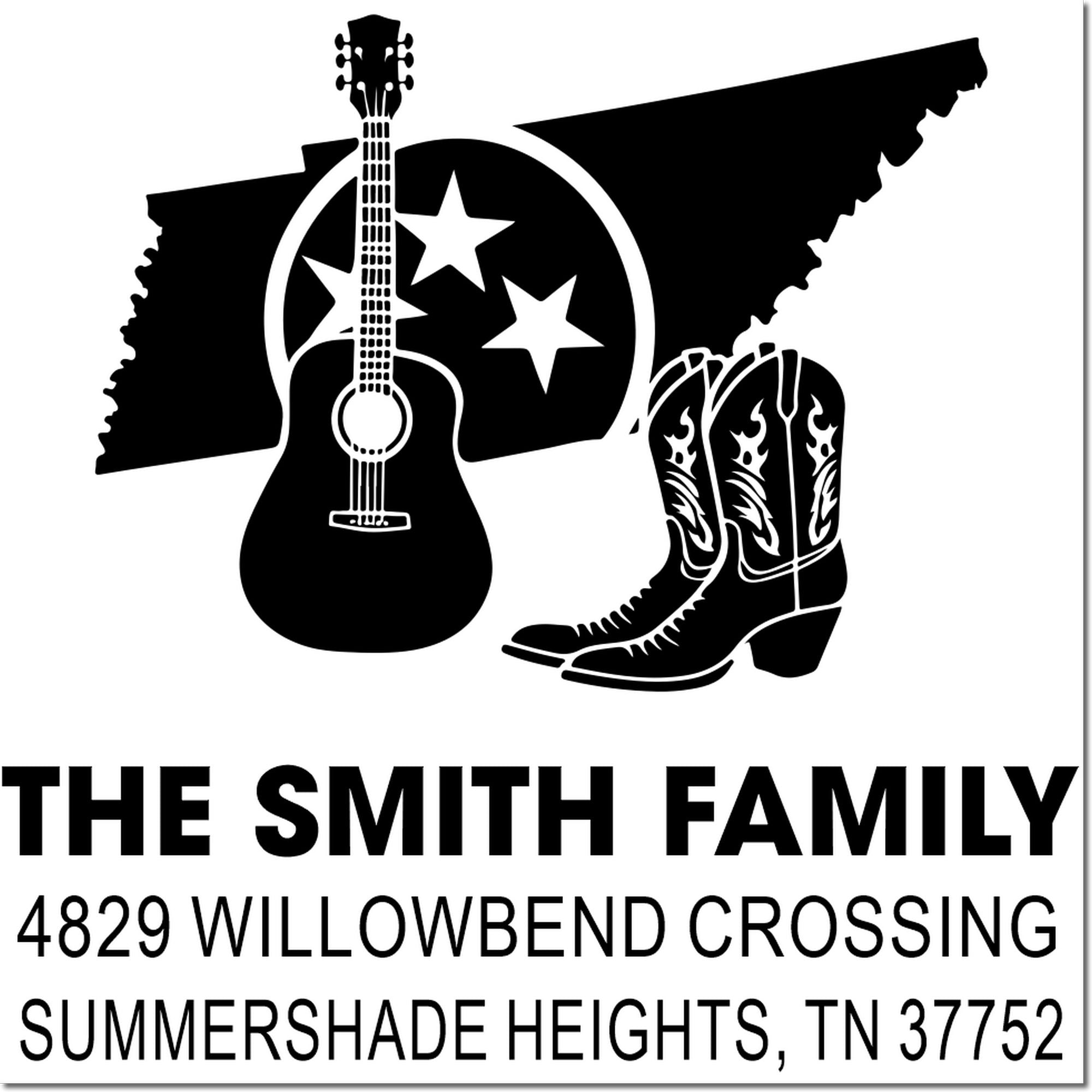 Custom Smith family return address rubber stamp with Texas silhouette, guitar and cowboy boots for western-themed mail.