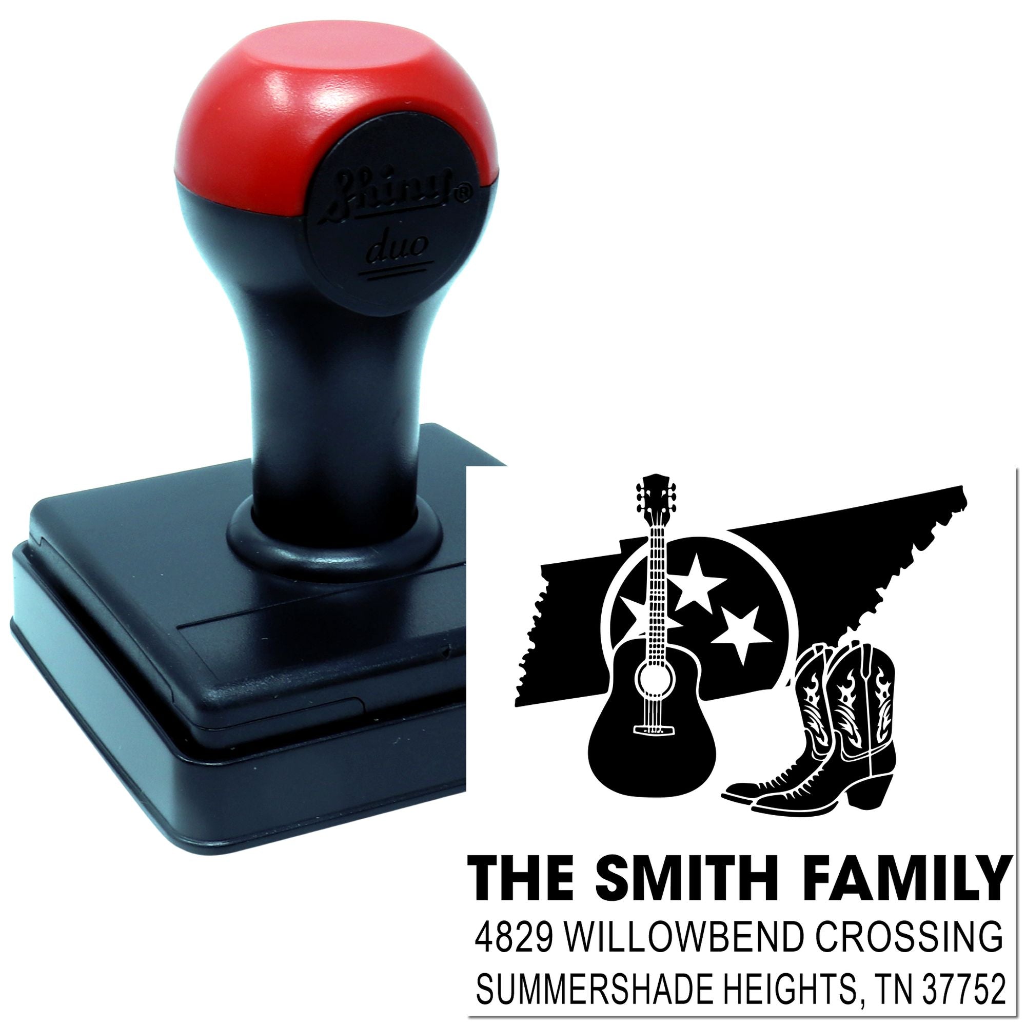 Custom self-inking return address rubber stamp for The Smith Family, with Tennessee guitar and boots design.