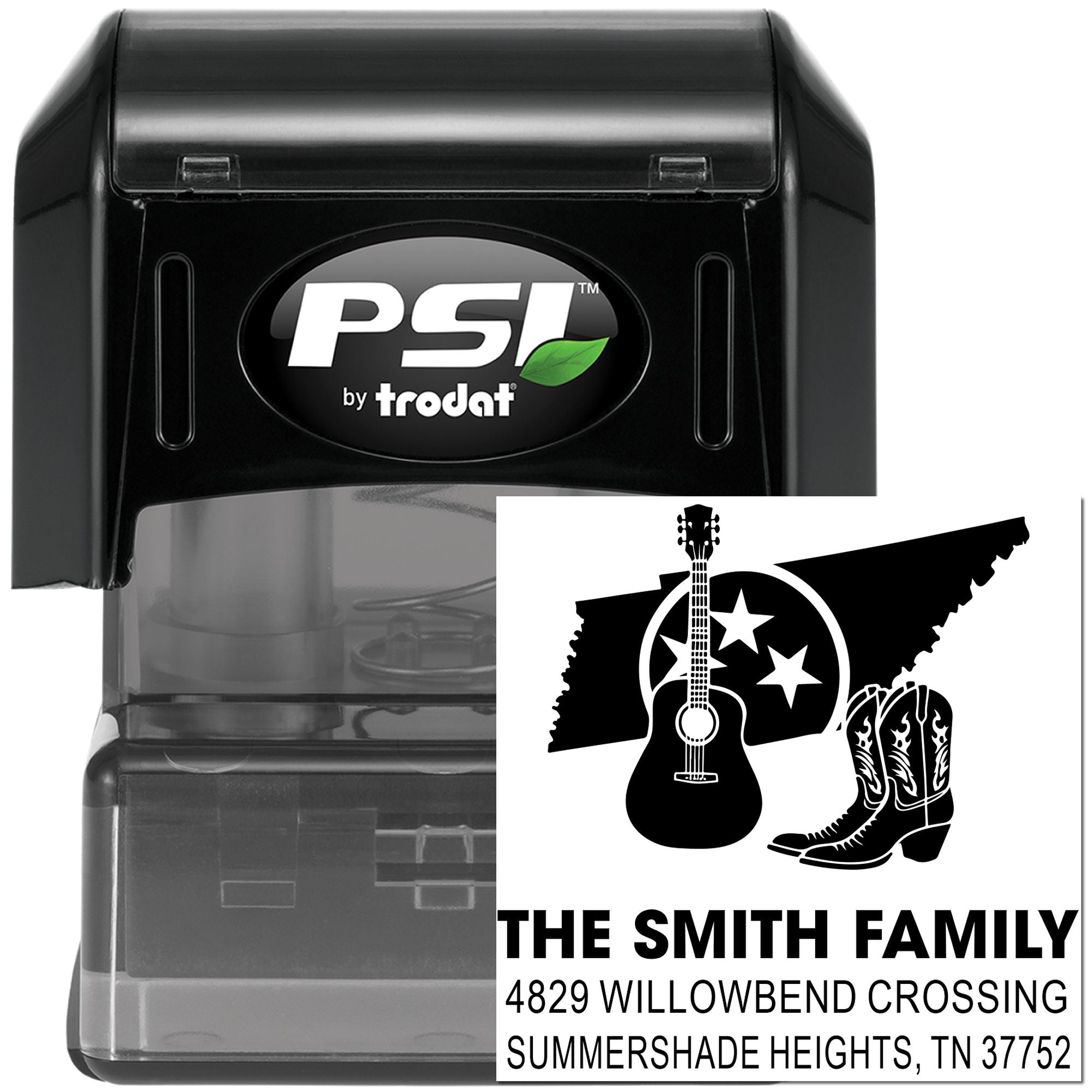 PSI by Trodat custom self-inking rubber stamp with Tennessee family address design, guitar, boots, and The Smith Family text