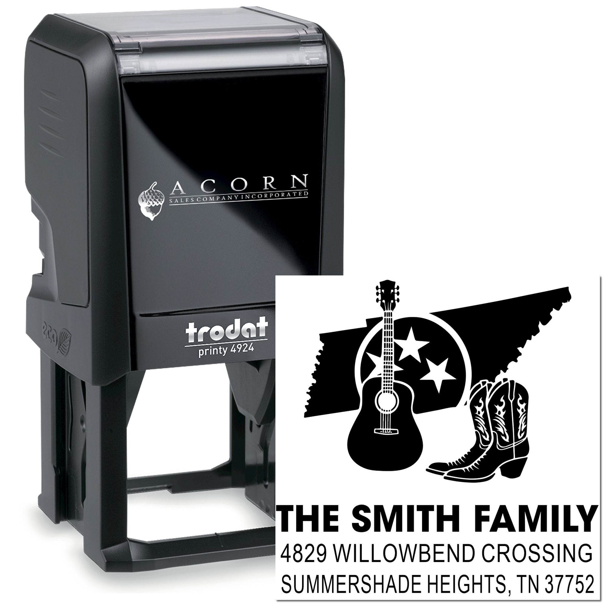 Trodat Printy 4924 custom self-inking rubber address stamp with Tennessee family design for personalized return address envelopes.