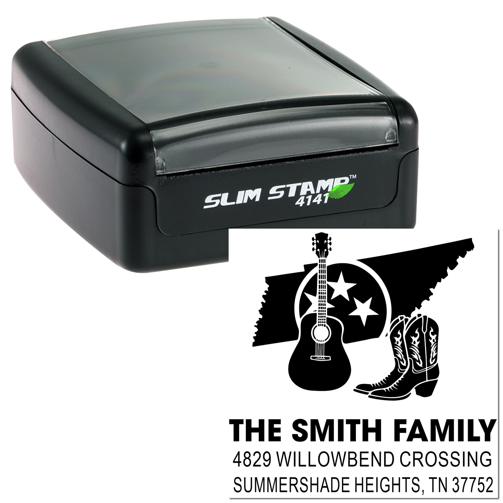 Slim Stamp 4141 custom self-inking address rubber stamp with Tennessee family design for personalized mailing.