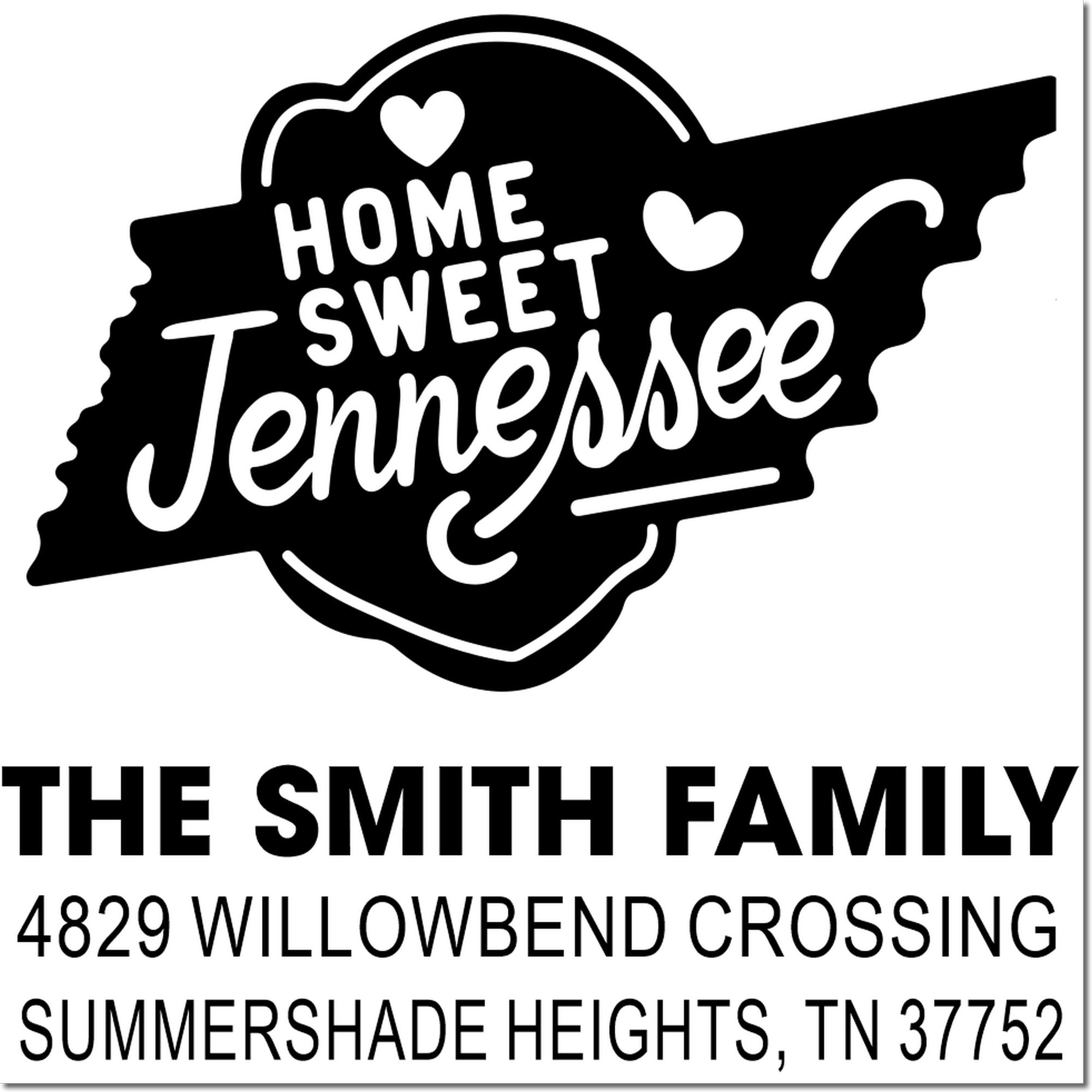 Custom Home Sweet Tennessee rubber stamp with family name and return address for personalized mail.
