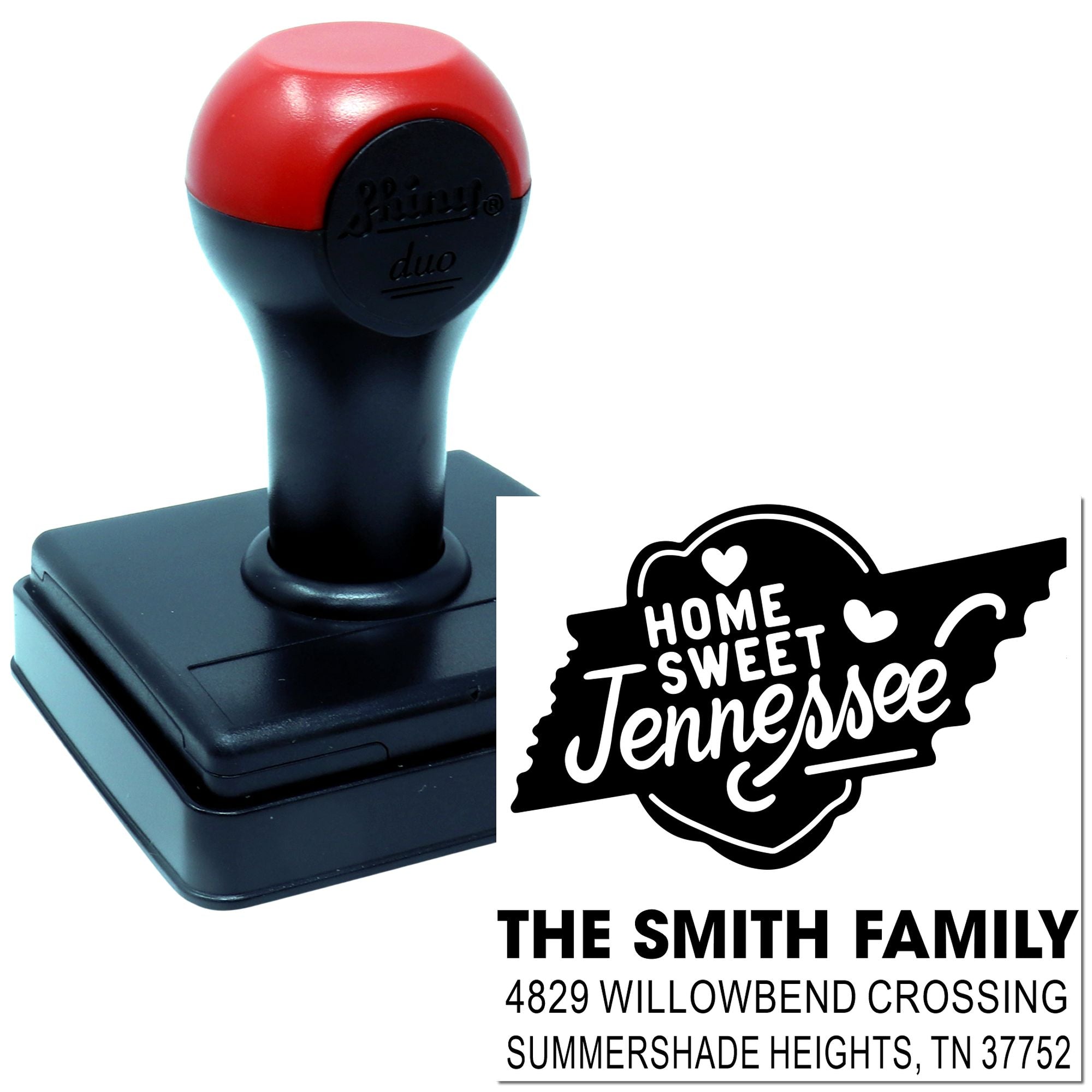 Custom self-inking rubber address stamp with Home Sweet Tennessee design for The Smith Family.