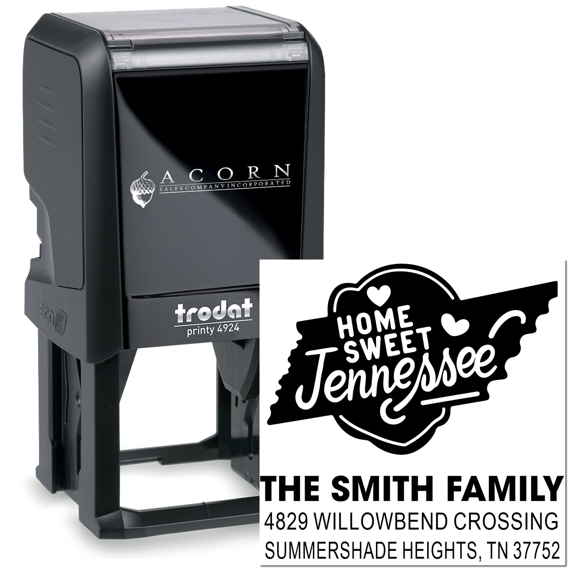 Self-inking custom address rubber stamp with Home Sweet Tennessee family return address design.