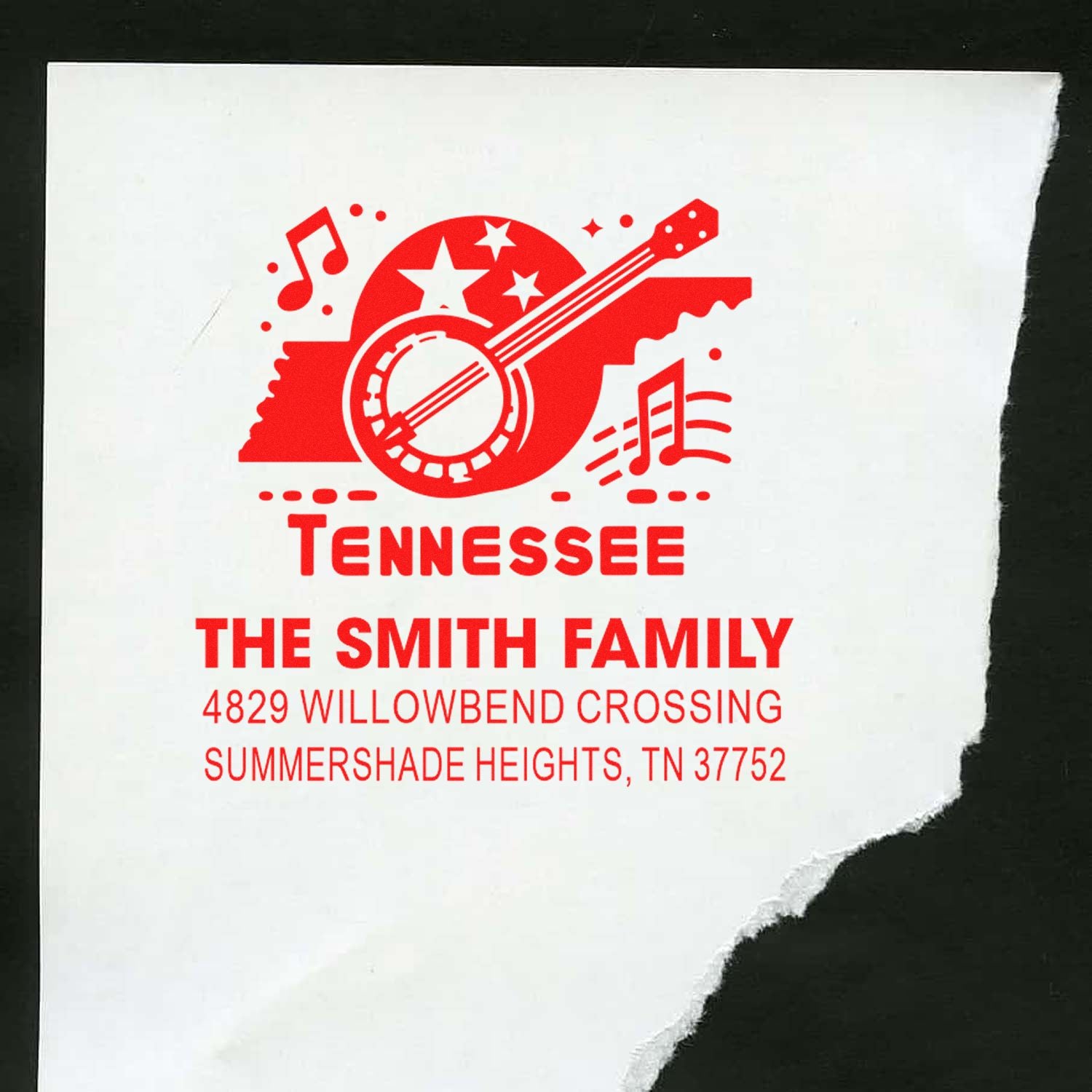 Custom Tennessee return address rubber stamp for The Smith Family, Summershade Heights, TN, with banjo and music notes.