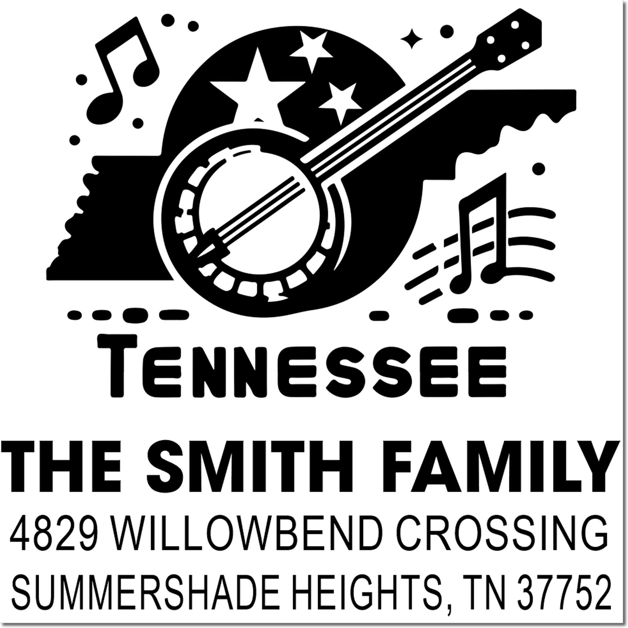 Custom Tennessee family return address rubber stamp with guitar and music notes for The Smith Family, 4829 Willowbend Crossing.