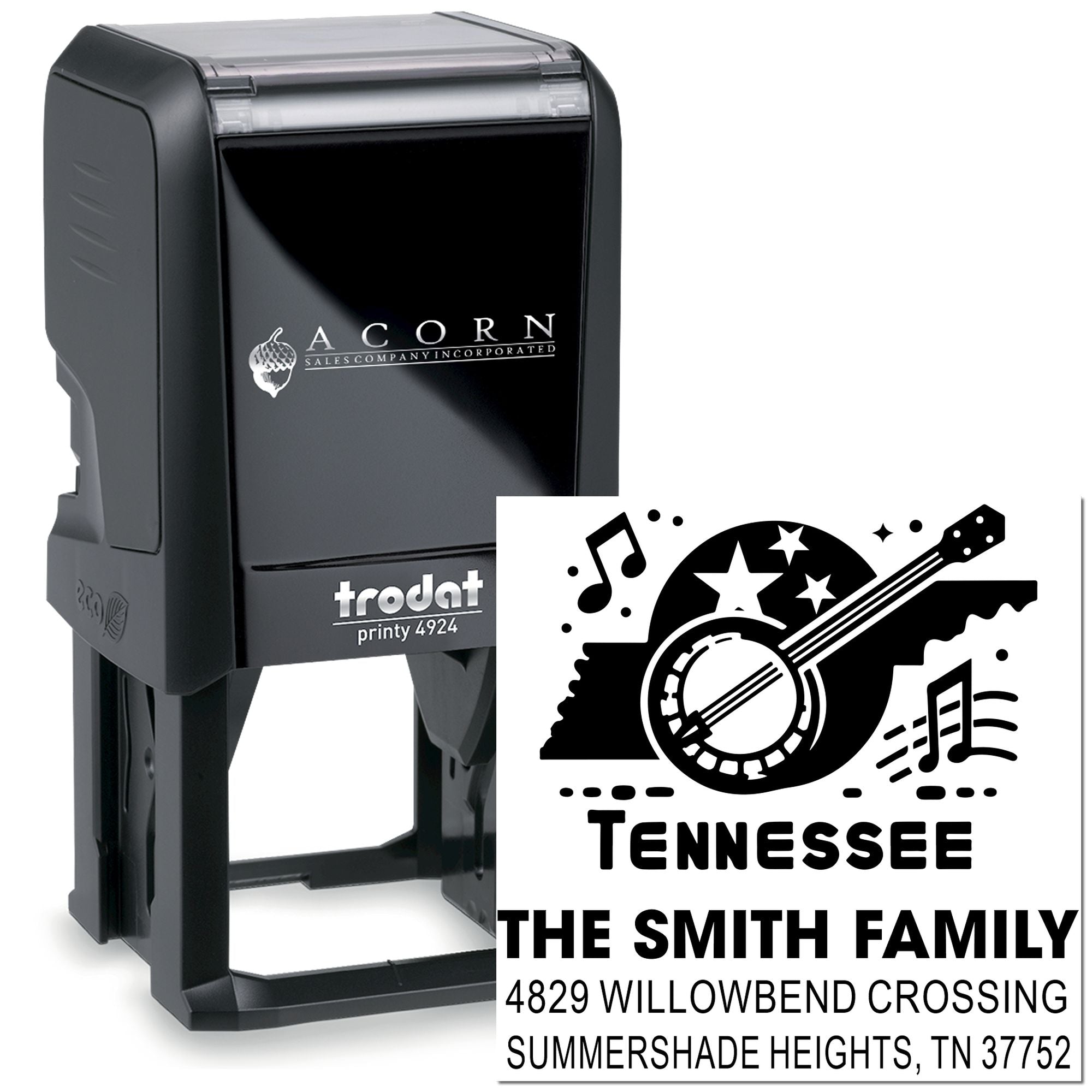 Custom self-inking rubber stamp with Tennessee design, The Smith Family name, and return address for envelopes and mail.