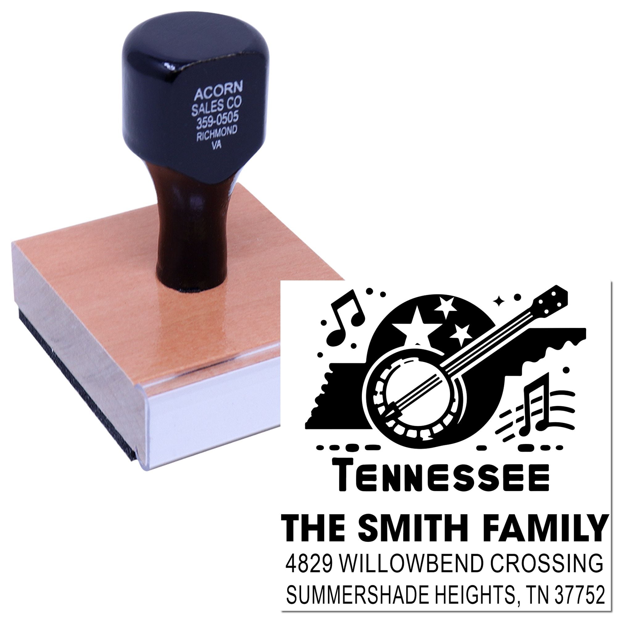 Custom Tennessee address rubber stamp with family name for personalized mailing, stationery, and return addresses.