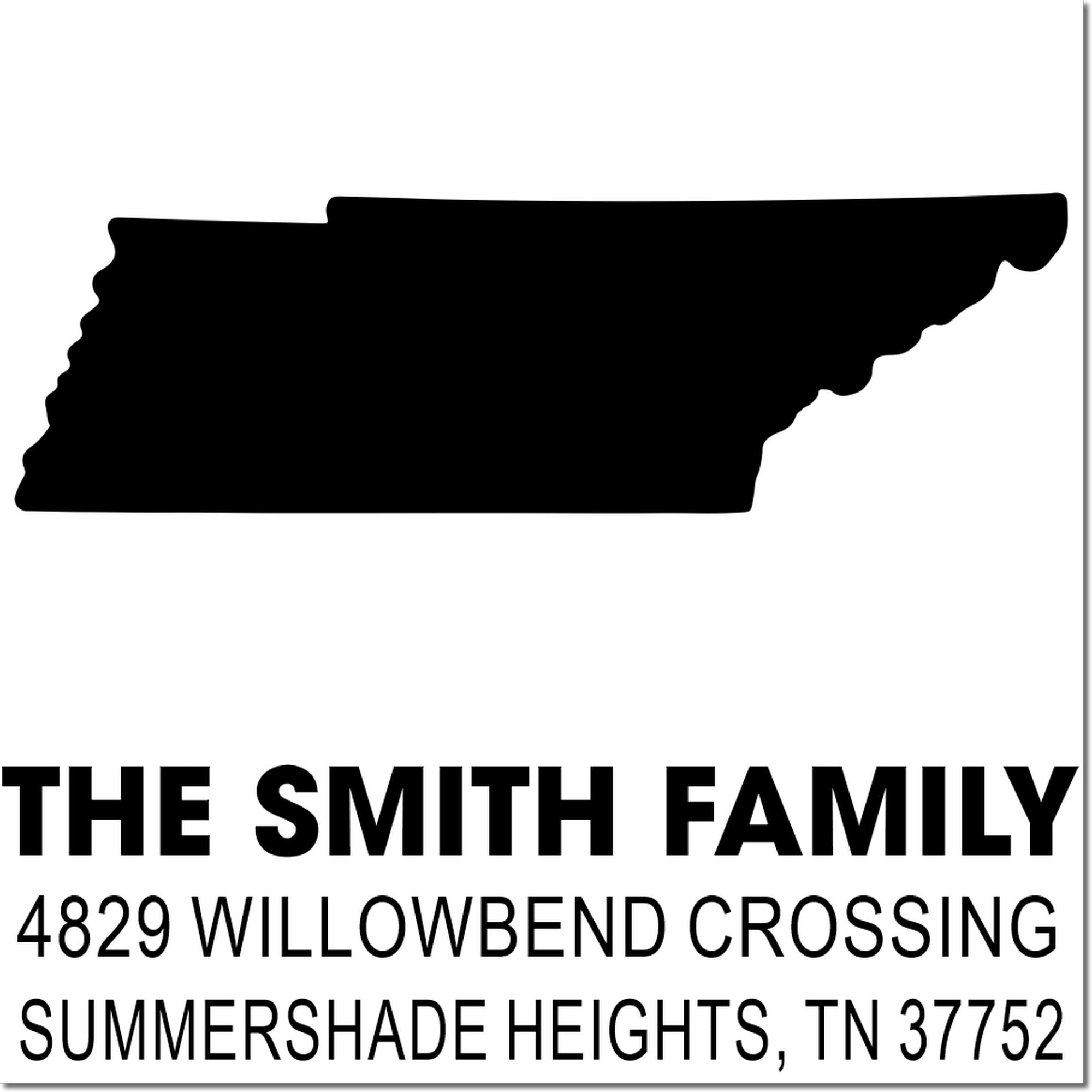 Custom return address rubber stamp for The Smith Family, 4829 Willowbend Crossing, Summershade Heights, TN 37752.