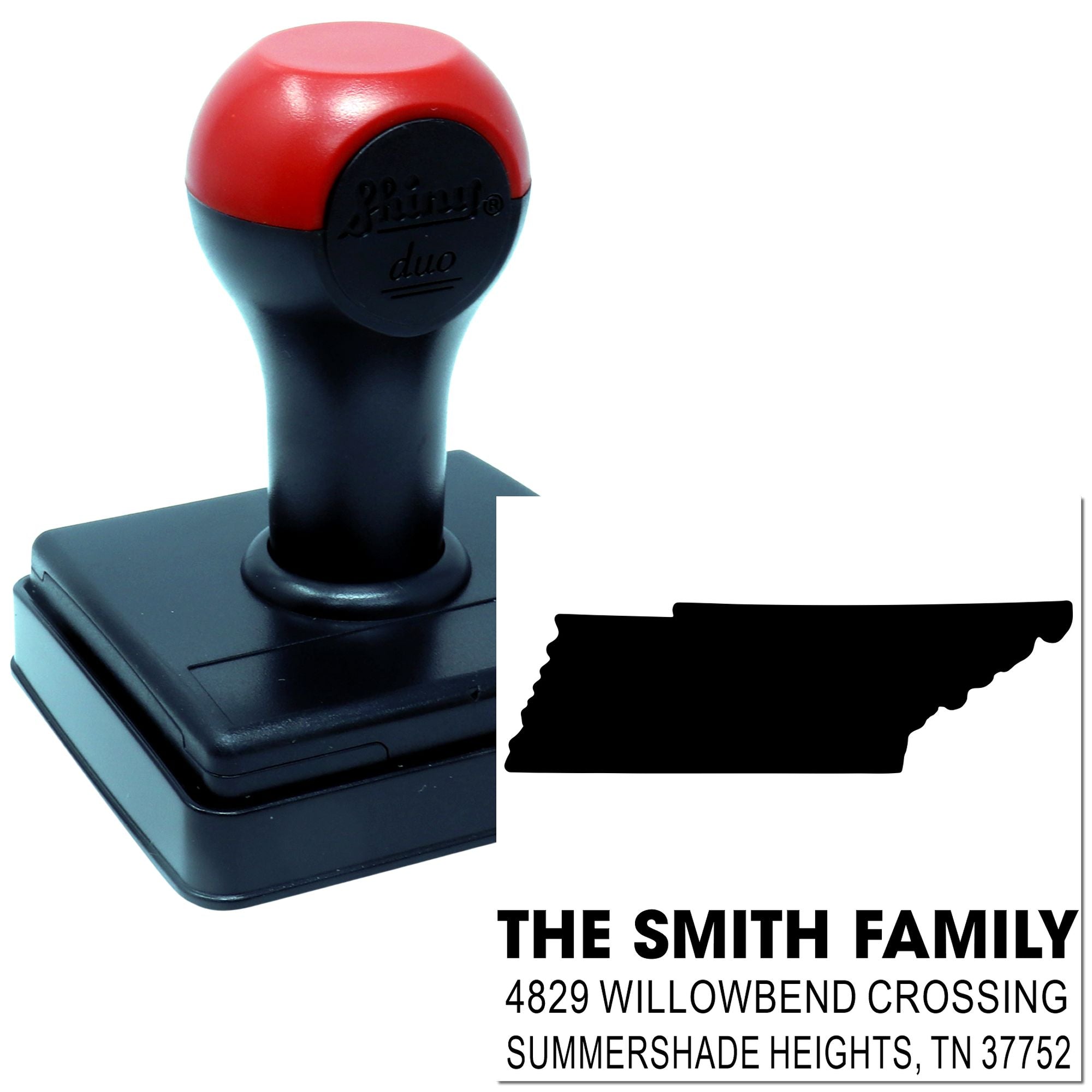 Custom self-inking address rubber stamp for The Smith Family, with name and Tennessee mailing address.
