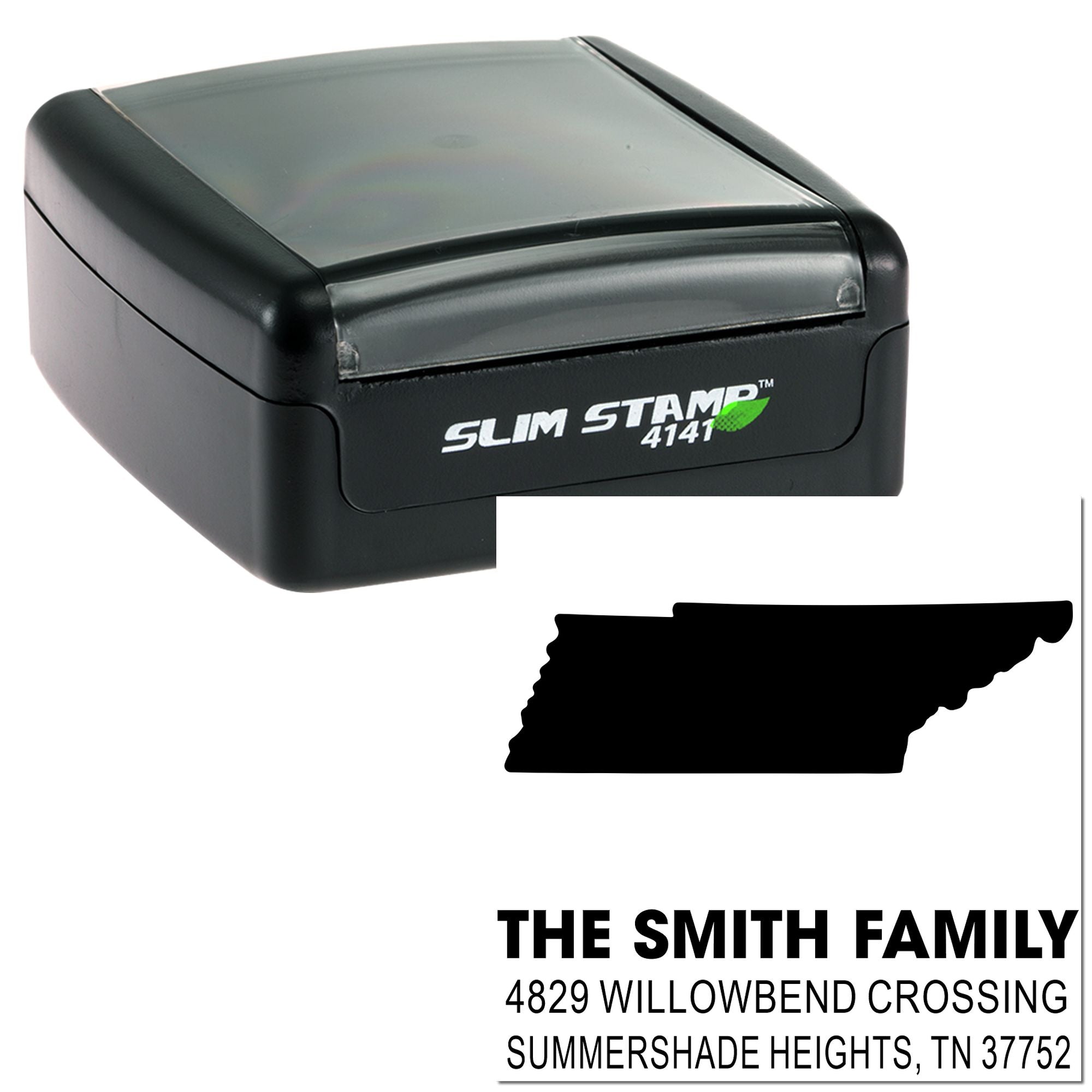Custom self-inking return address rubber stamp for The Smith Family, Summershade Heights, TN.