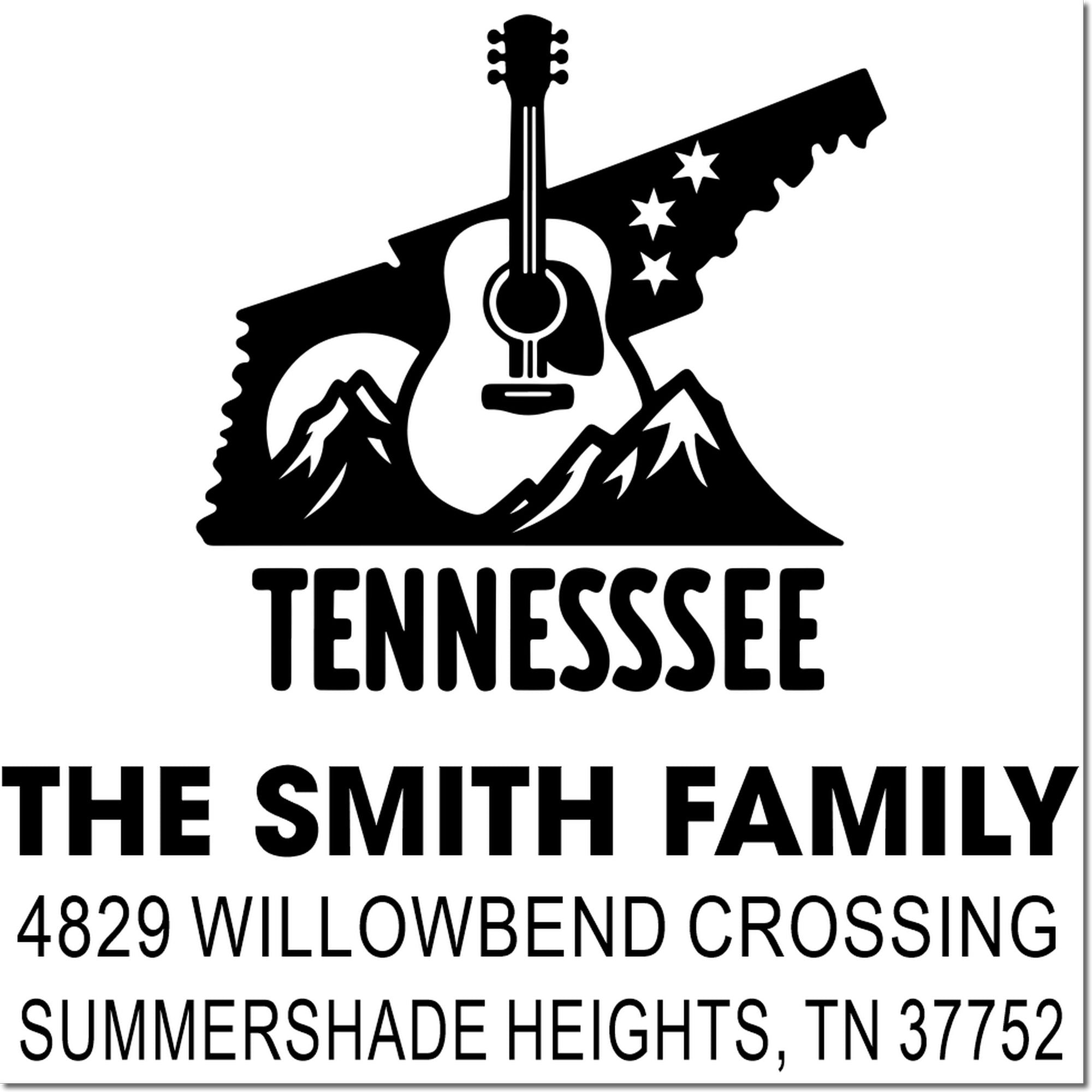 Custom Tennessee family address rubber stamp with guitar and mountain logo for The Smith Family, Summershade Heights, TN.