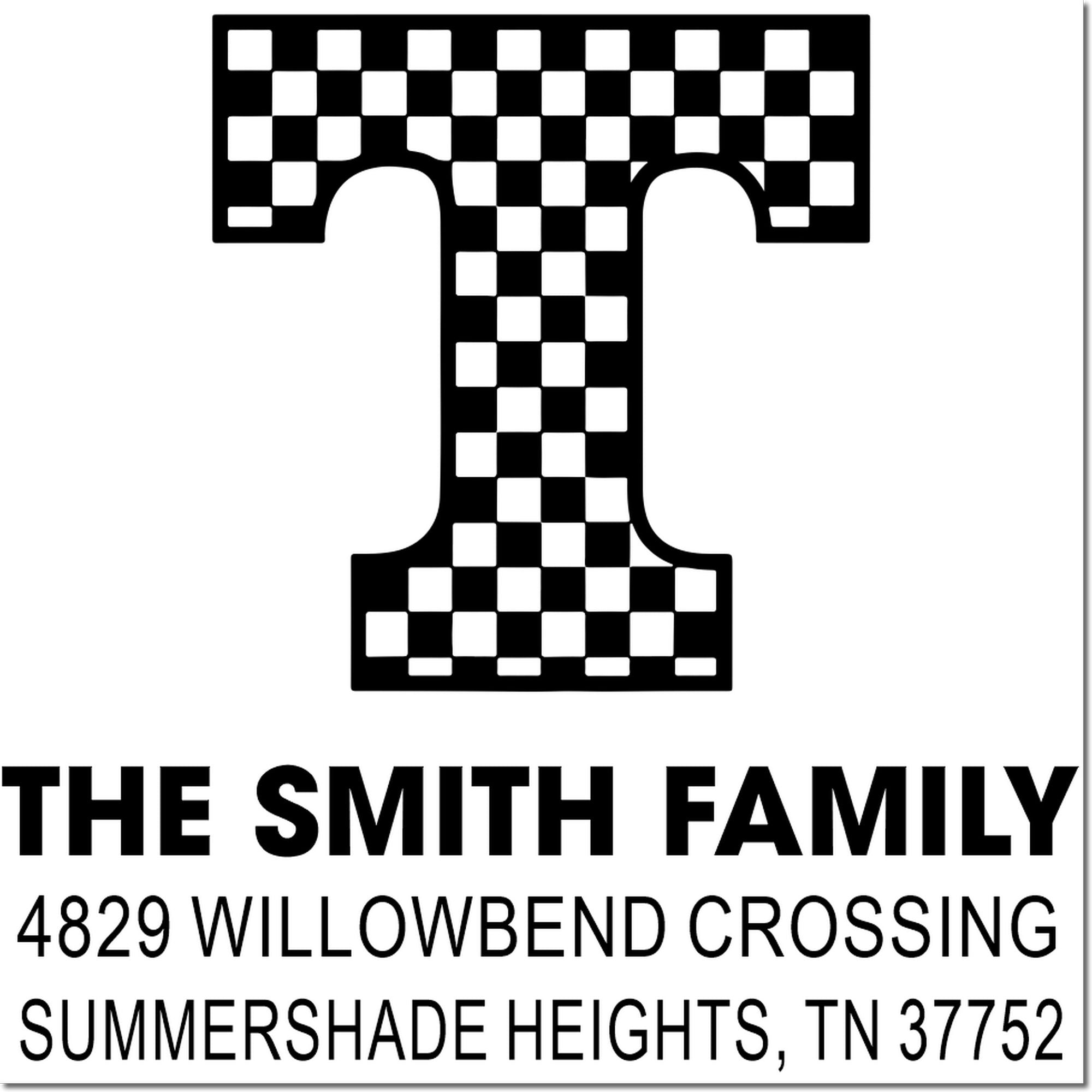 Custom return address rubber stamp for The Smith Family, 4829 Willowbend Crossing, Summershade Heights, TN 37752.